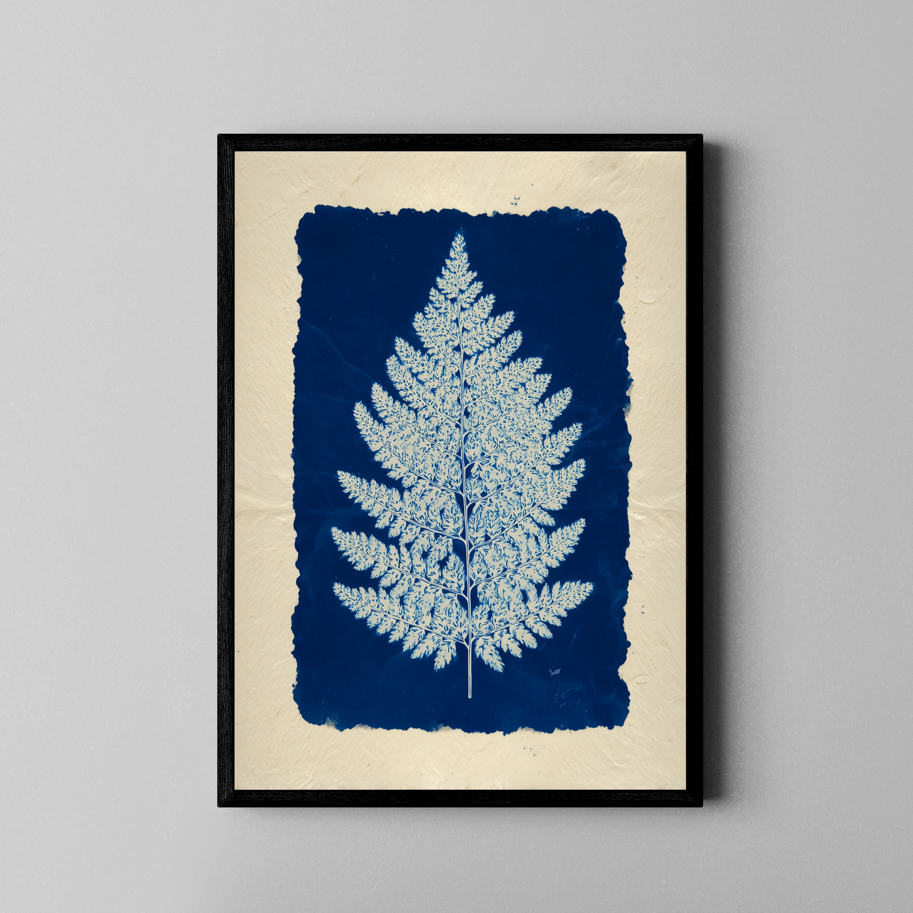 Farnblatt als Cyanotypie auf Büttenpapier – botanischer Kunstdruck im schwarzen Rahmen