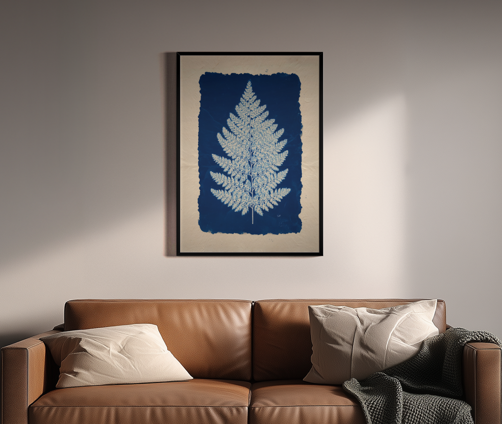 Farnblatt als Cyanotypie auf Büttenpapier – botanisches Wandbild über braunem Ledersofa