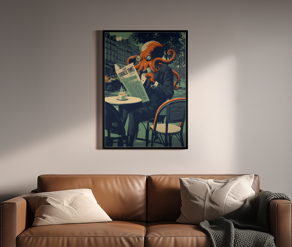 Ink-redible News – Krake liest Zeitung Retro Kunstdruck – Wandbild über braunem Ledersofa
