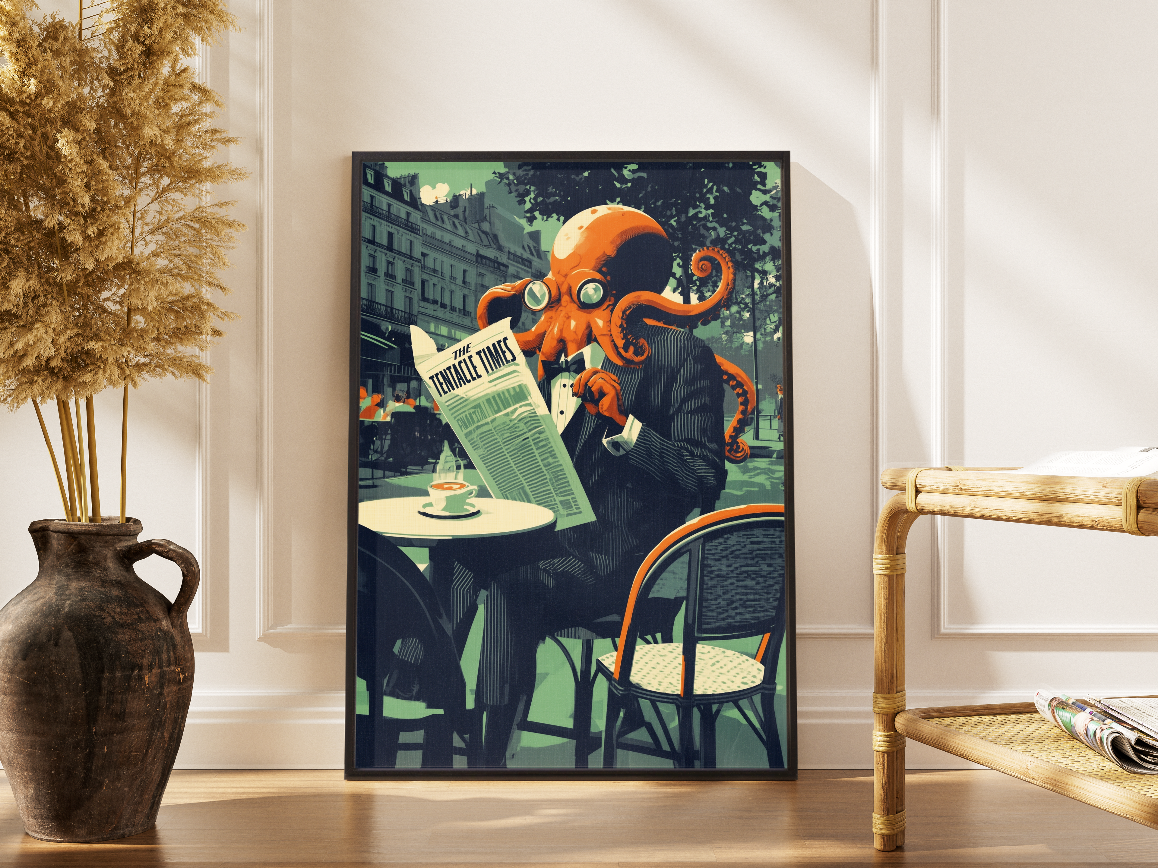 Ink-redible News – Krake liest Zeitung Retro Kunstdruck – gerahmtes Poster kaufen