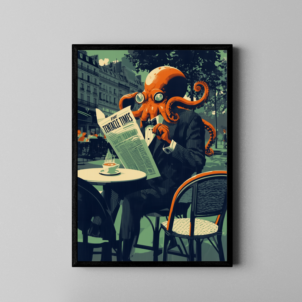 Ink-redible News – Krake liest Zeitung Retro Kunstdruck – Poster im schwarzen Rahmen