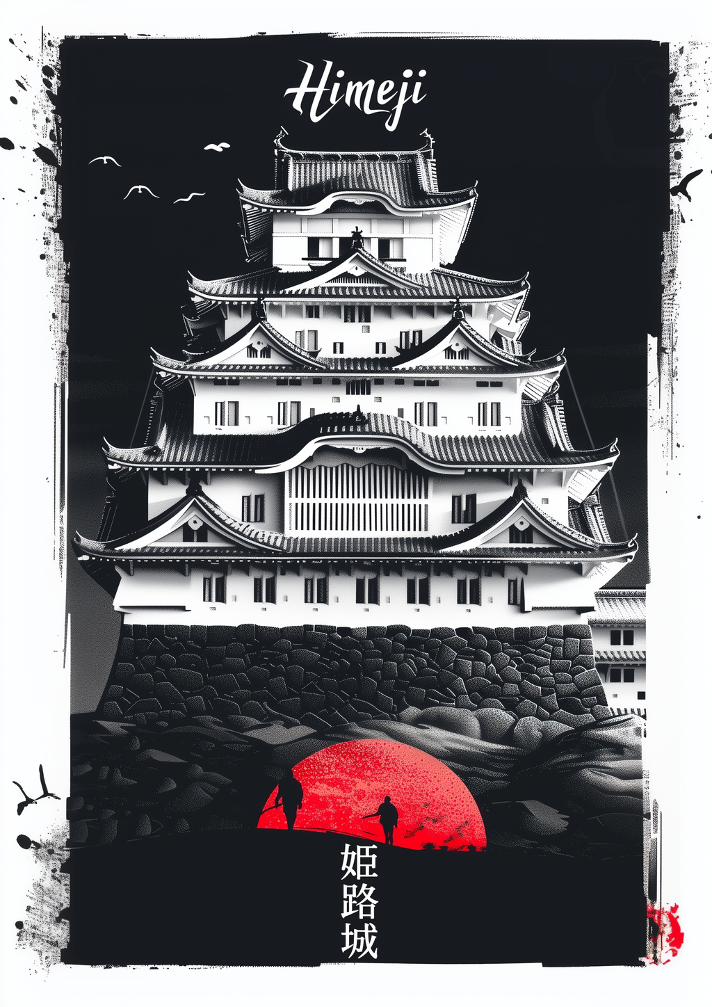 Himeji-Burg in Schwarz-Weiß mit roter Sonne und Kanji – japanischer Travel Kunstdruck