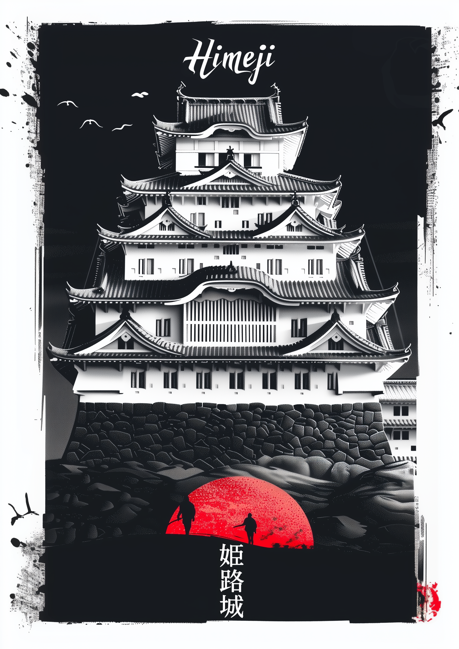 Himeji-Burg in Schwarz-Weiß mit roter Sonne und Kanji – japanischer Travel Kunstdruck