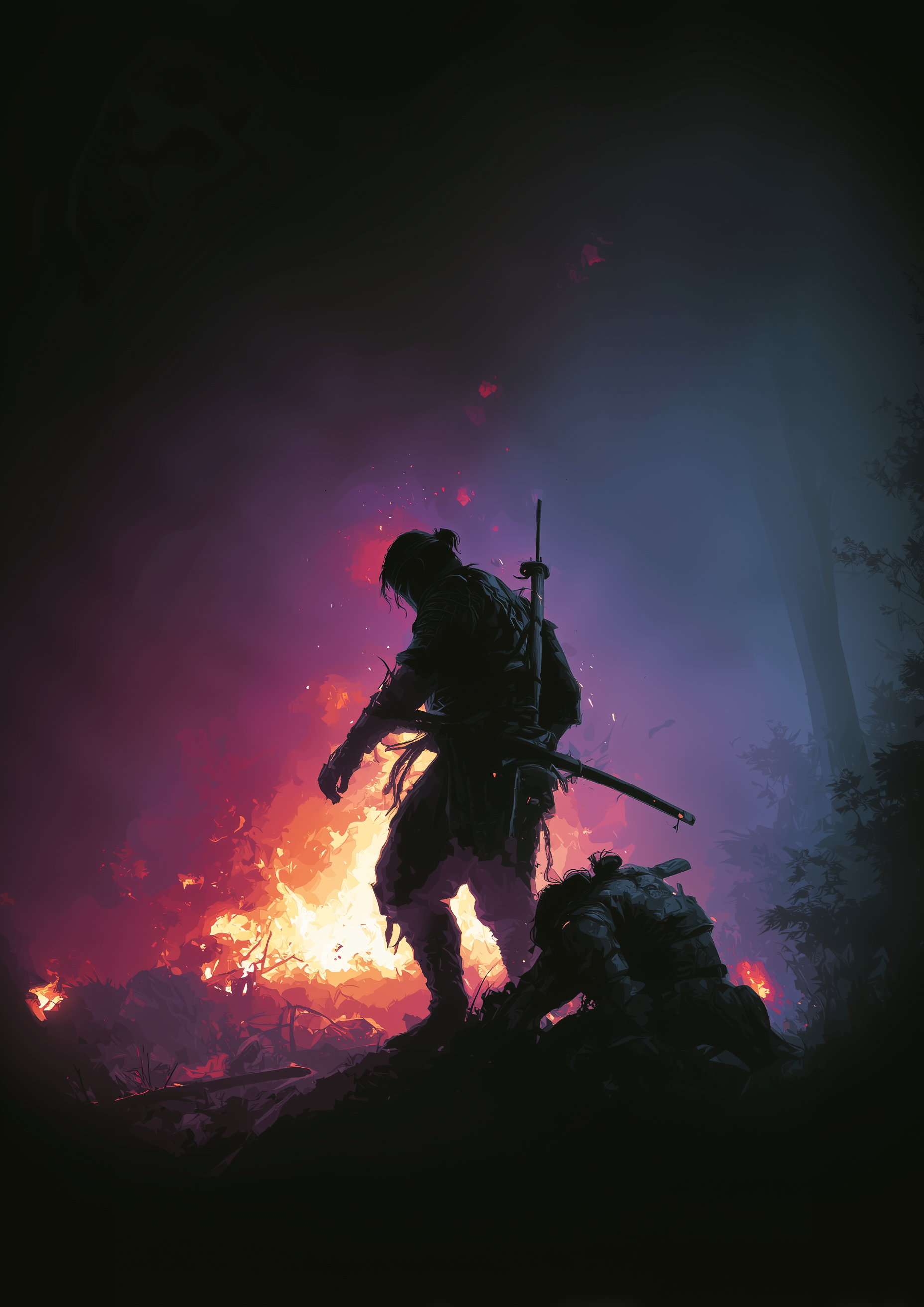 Samurai-Silhouette in lila-blauem Feuerschein – atmosphärischer Japan Kunstdruck
