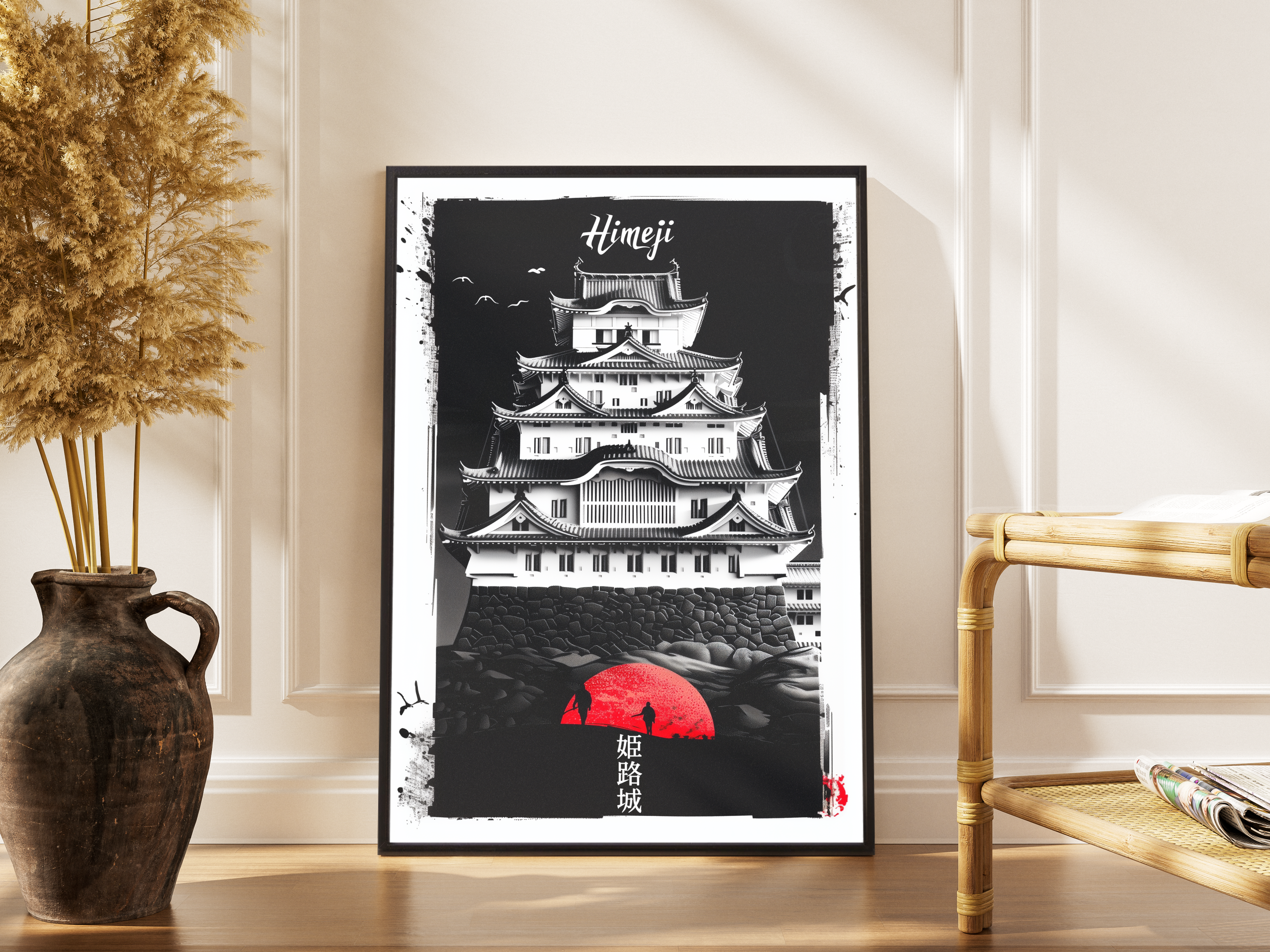 Himeji-Burg in Schwarz-Weiß mit roter Sonne und Kanji – gerahmter Japan Kunstdruck kaufen