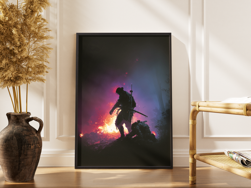 Samurai-Silhouette in lila-blauem Feuerschein – gerahmter Japan Kunstdruck kaufen