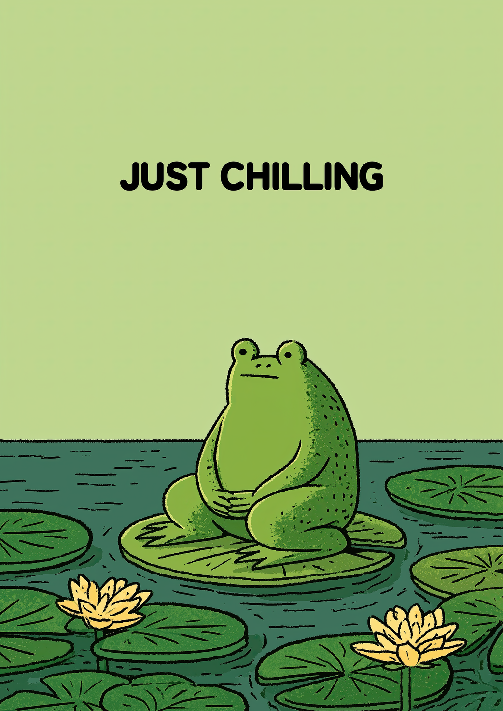 Just Chilling – entspannter Frosch auf Seerosenblatt grün | Illustration-Optik – eleganter Kunstdruck