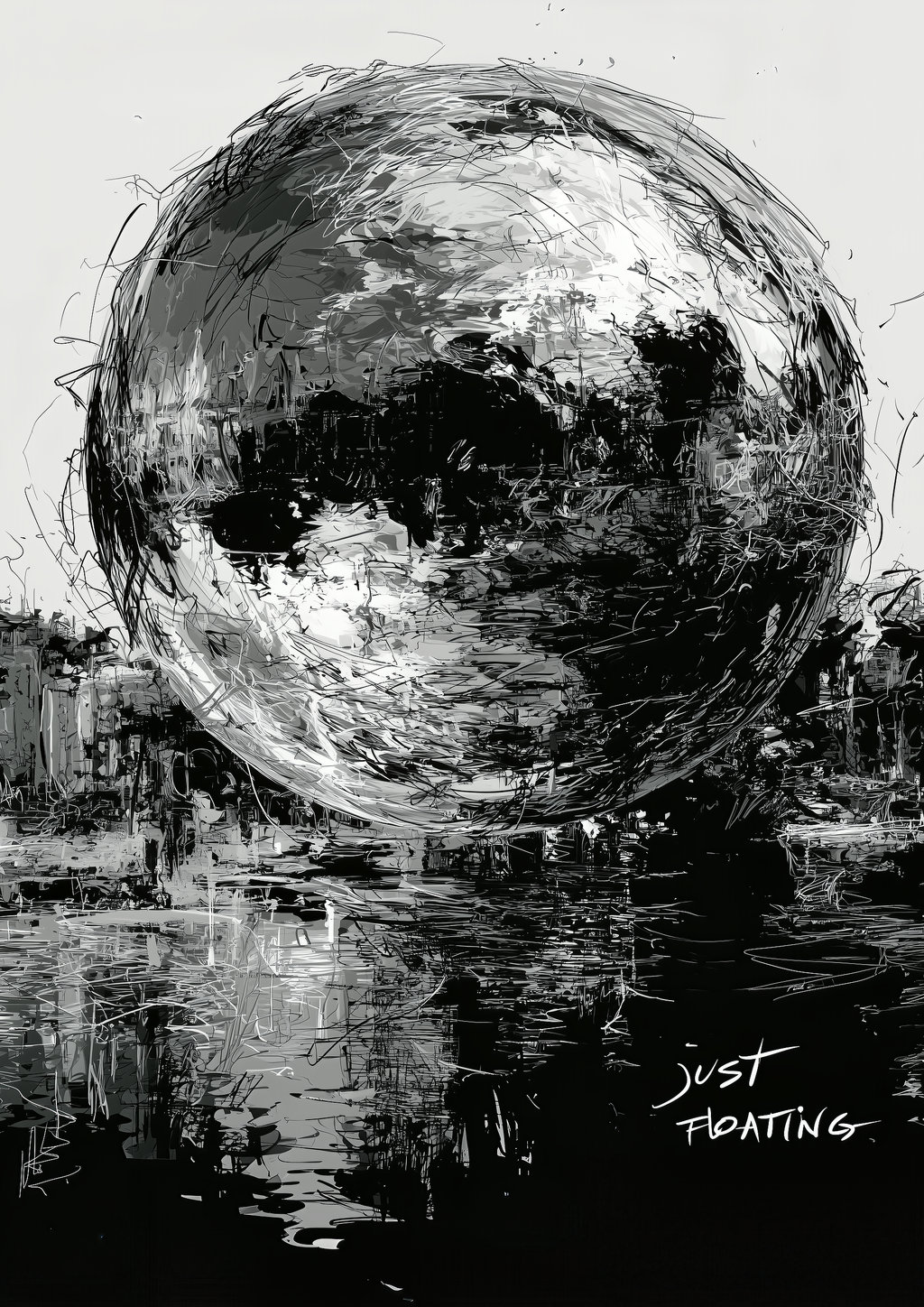 Just Floating – Vollmond über Wasser monochrom expressiv | Ölgemälde-Optik – eleganter Kunstdruck