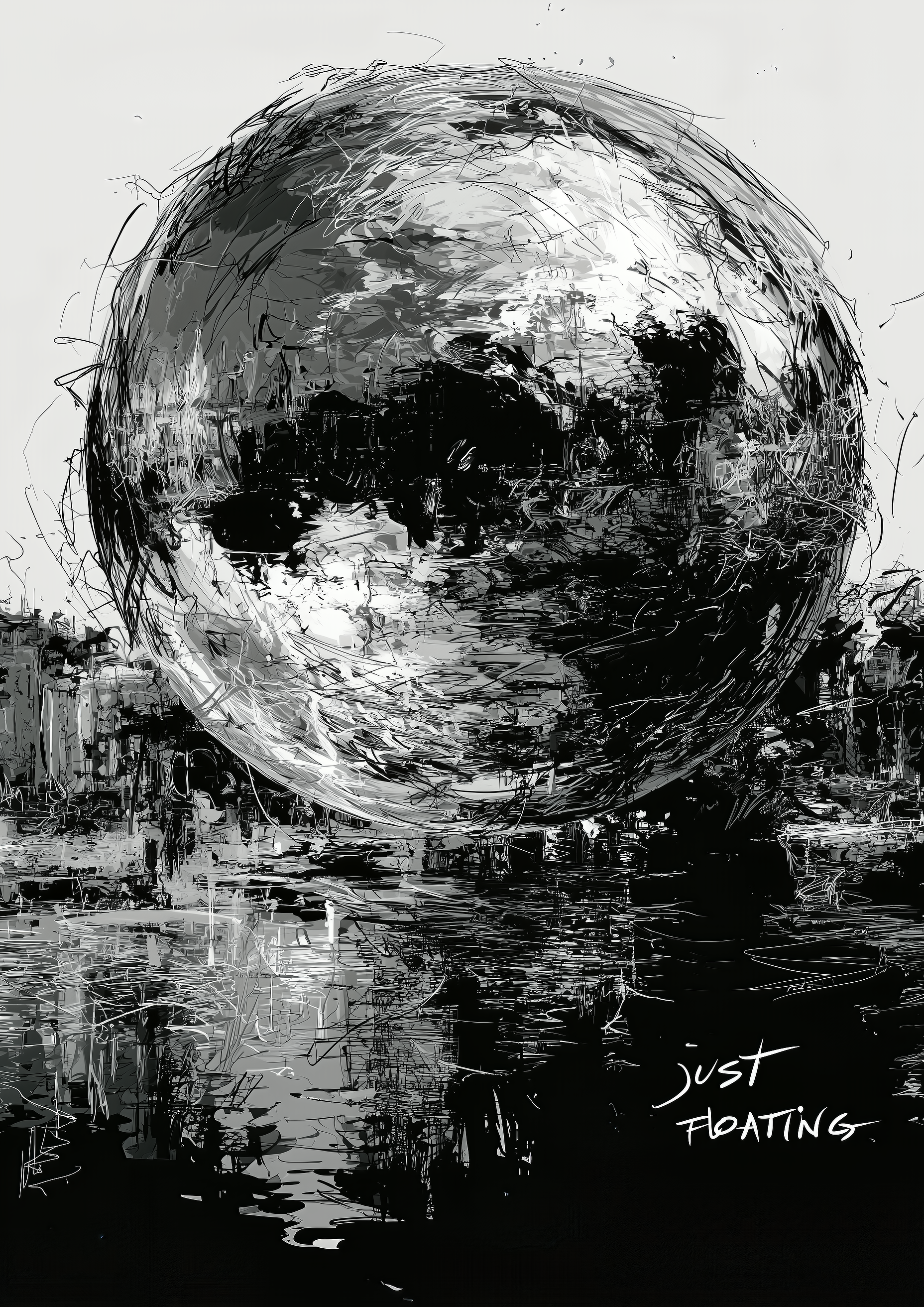 Just Floating – Vollmond über Wasser monochrom expressiv | Ölgemälde-Optik – eleganter Kunstdruck