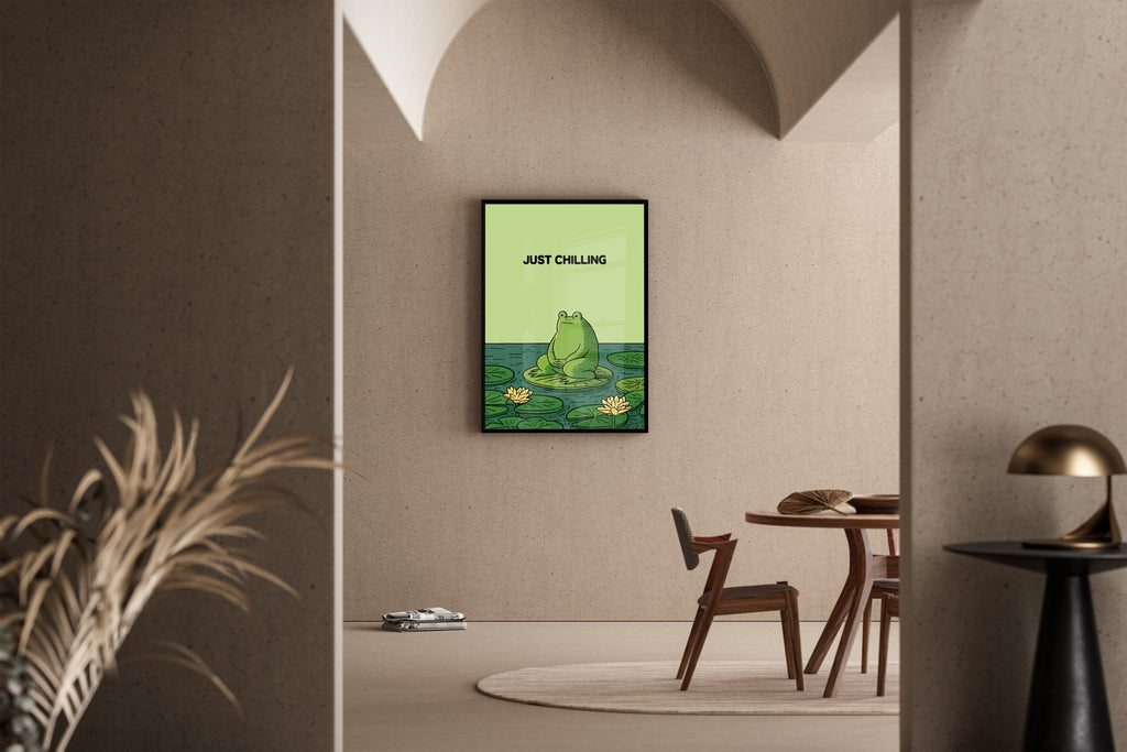 Just Chilling – niedlicher Frosch Seerose Wandbild grün | Comic-Art-Stil – Poster im Esszimmer