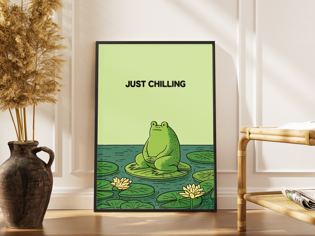 Just Chilling – Frosch auf Seerosenblatt Cute Art Poster | Illustration-Druck – gerahmtes Poster kaufen