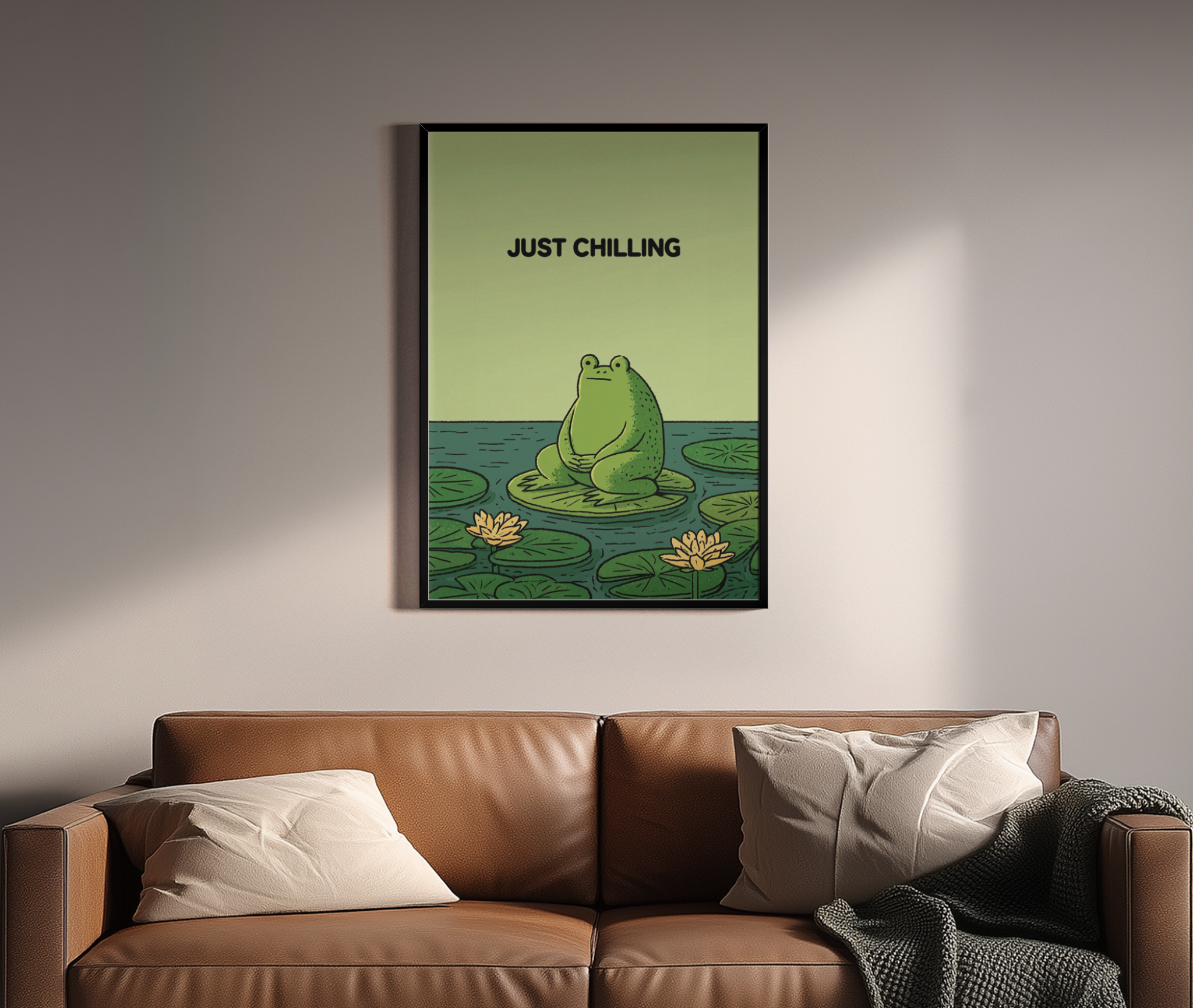 Just Chilling – Cartoon-Frosch Teich Seerosen entspannt | Comic-Art-Optik – Wandbild über braunem Ledersofa