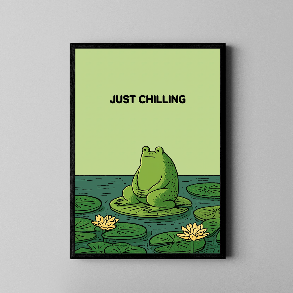 Just Chilling – Frosch Seerose Comic-Illustration mintgrün | Illustration-Stil – Poster im schwarzen Rahmen