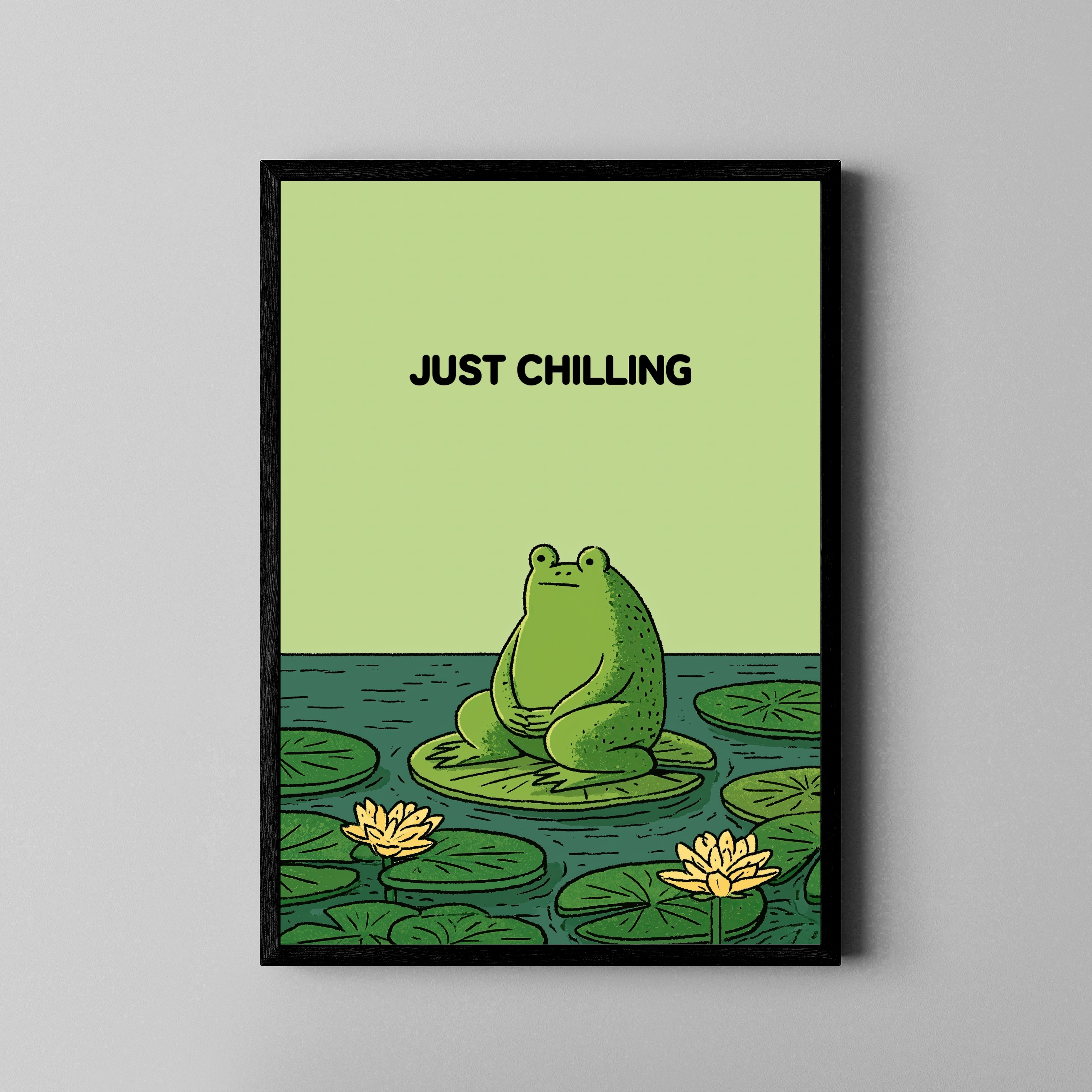 Just Chilling – Frosch Seerose Comic-Illustration mintgrün | Illustration-Stil – Poster im schwarzen Rahmen