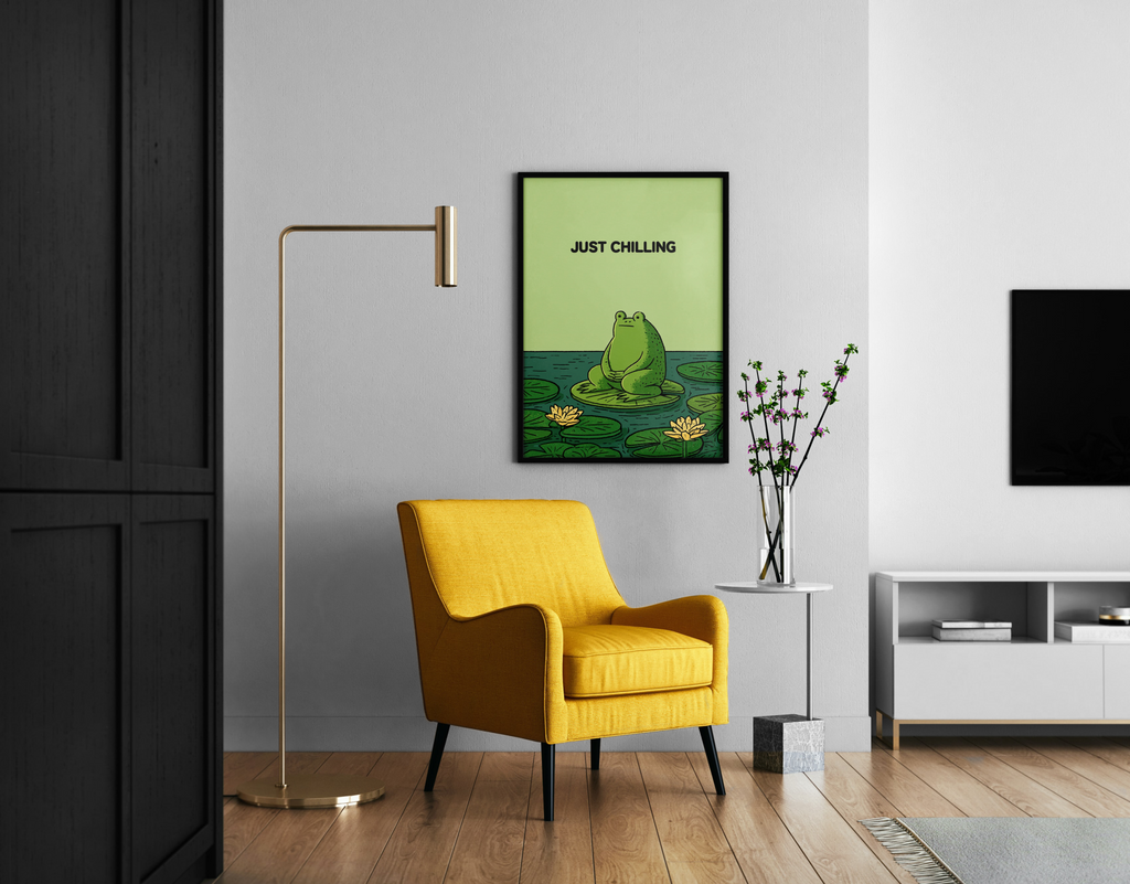 Just Chilling – Frosch Illustration Seerosen Wanddekoration | Cute-Art-Kunstdruck – Wandbild im modernen Wohnzimmer