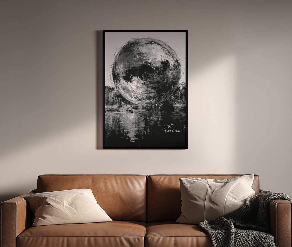 Just Floating – Vollmond Spiegelung Pinselstruktur grau | Expressionismus-Optik – Wandbild über braunem Ledersofa