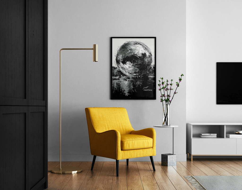 Just Floating – Mond Nacht Wasser Wandbild monochrom | Ölgemälde-Kunstdruck – Wandbild im modernen Wohnzimmer