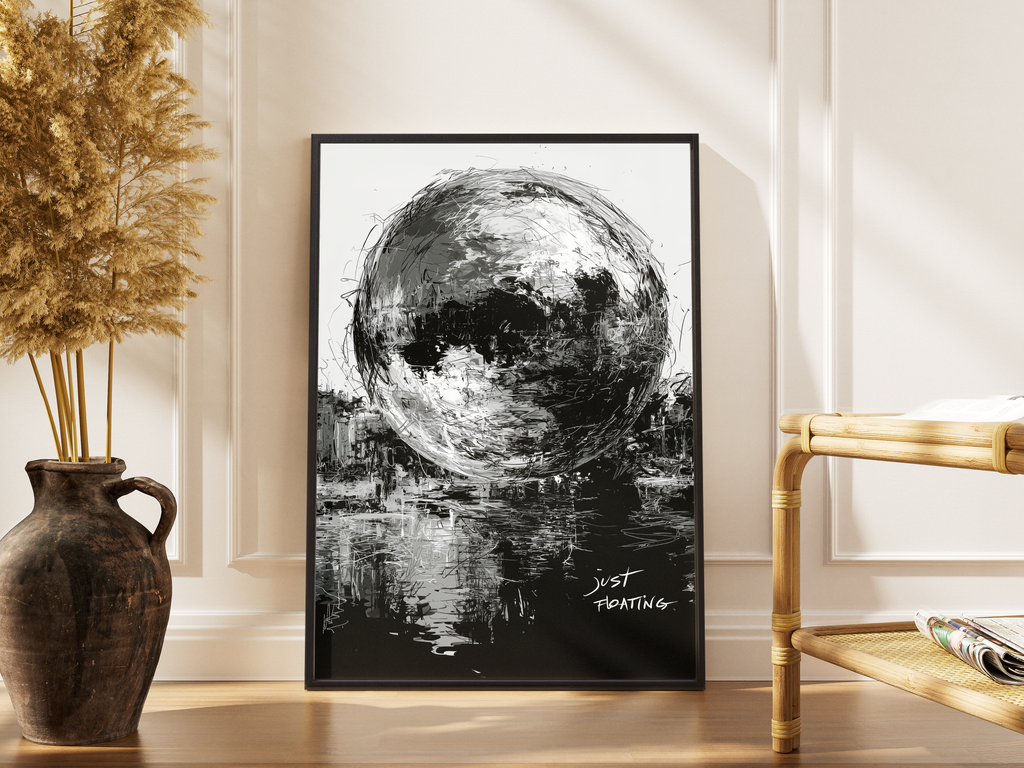 Just Floating – expressiver Vollmond schwarz weiß Fine Art | Ölgemälde-Druck – gerahmtes Poster kaufen