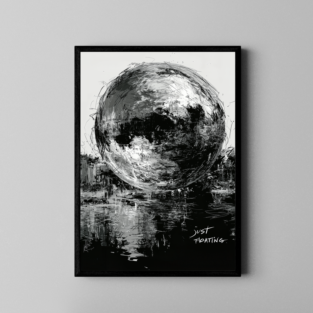 Just Floating – expressiver Mond Wasserreflexion schwarz weiß | Ölgemälde-Stil – Poster im schwarzen Rahmen
