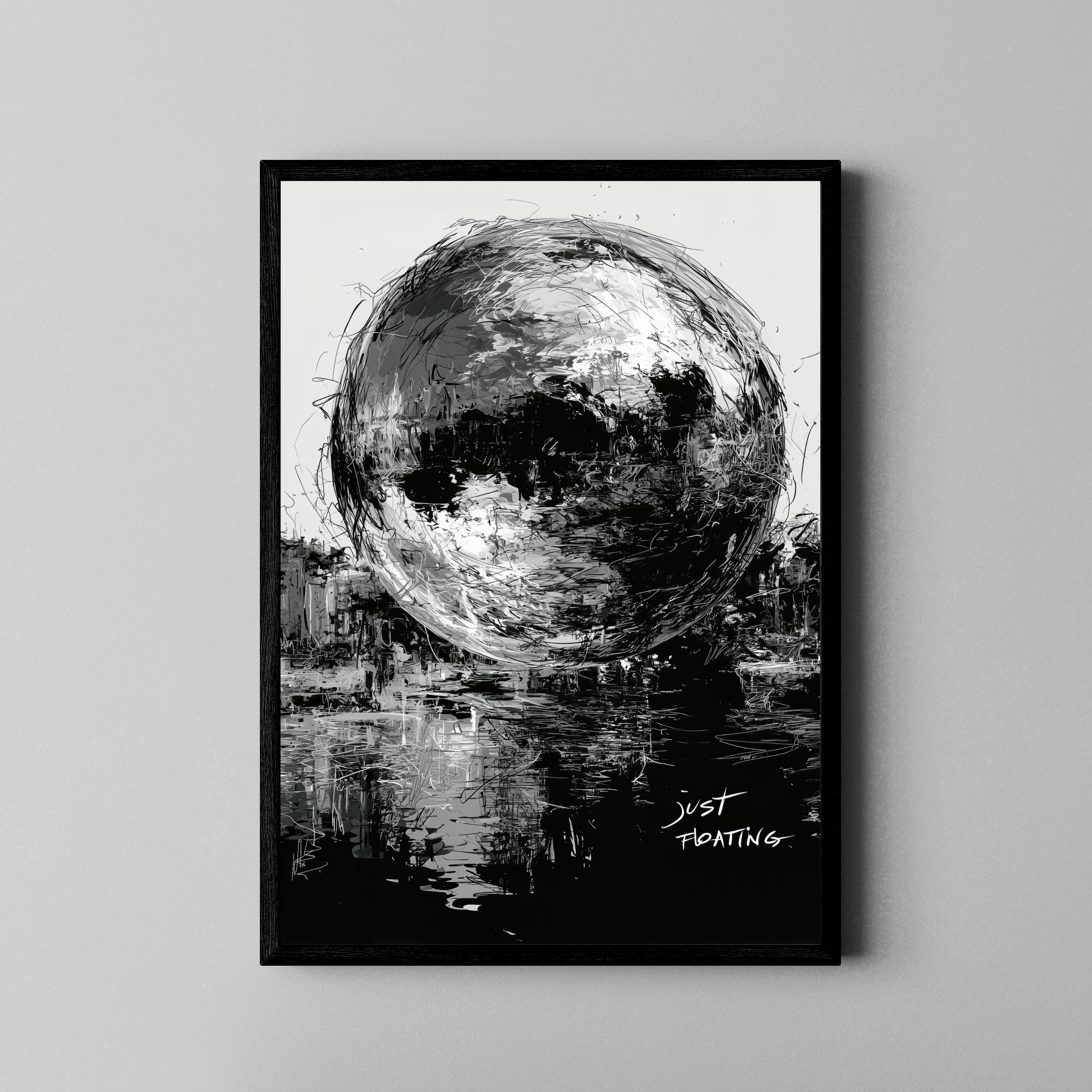 Just Floating – expressiver Mond Wasserreflexion schwarz weiß | Ölgemälde-Stil – Poster im schwarzen Rahmen