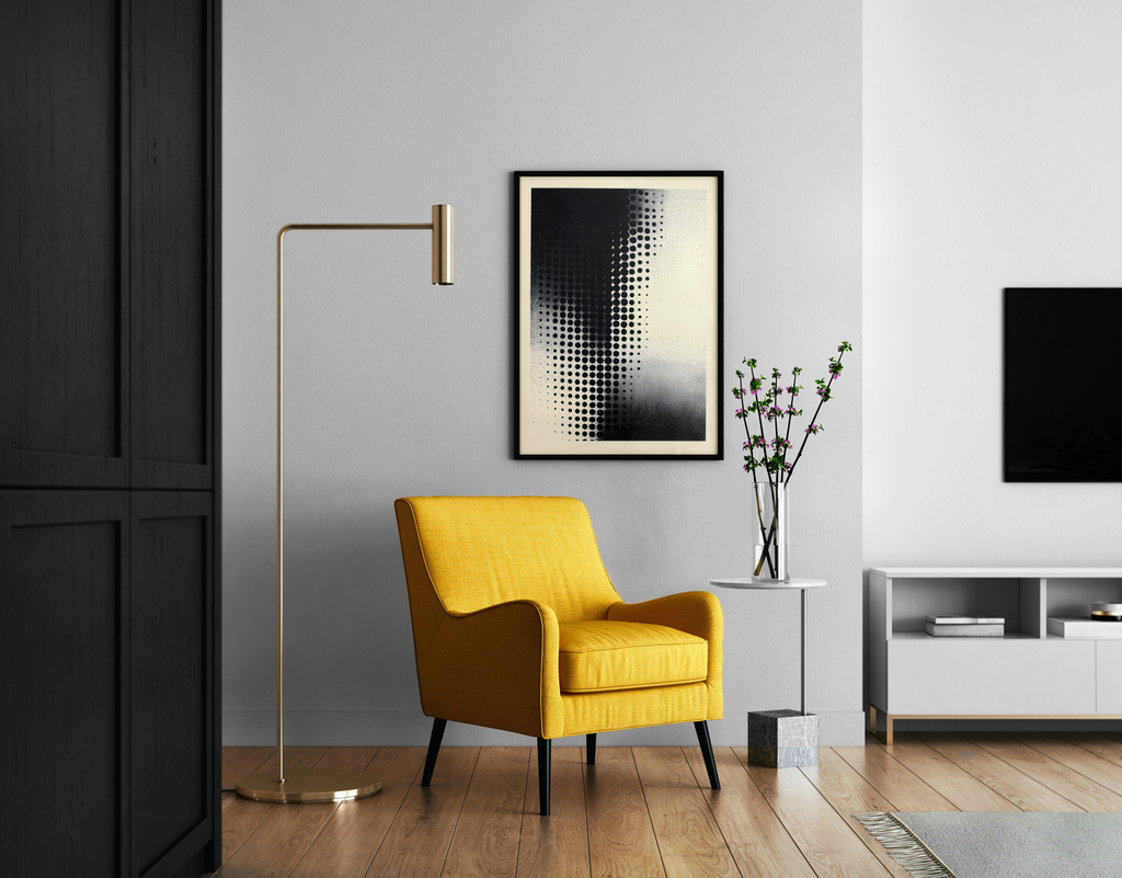 Abstraktes Halftone-Punktraster in Schwarz-Weiß – minimalistischer Poster im modernen Wohnzimmer