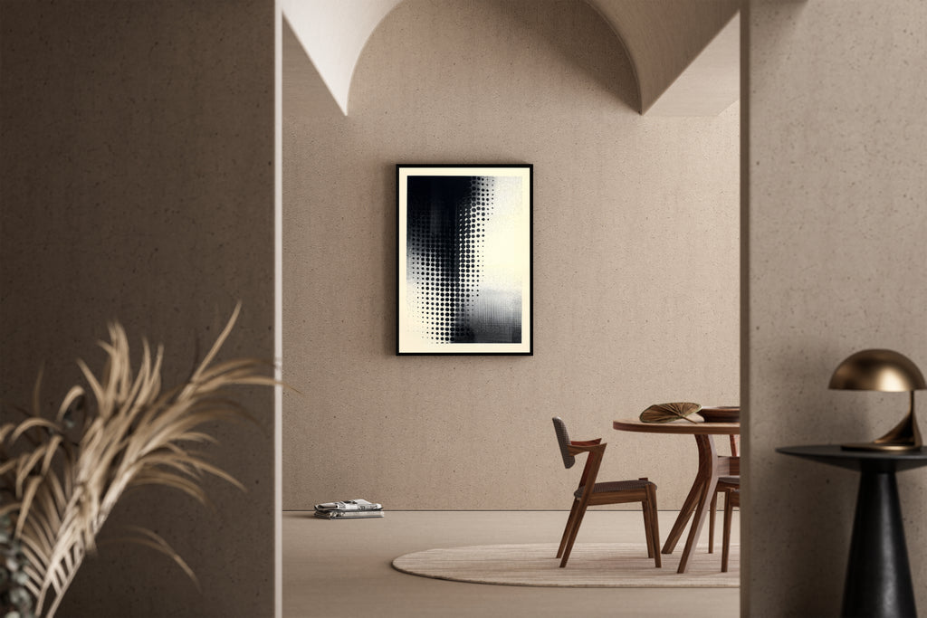 Abstraktes Halftone-Punktraster in Schwarz-Weiß – Kunstdruck im mediterranen Esszimmer