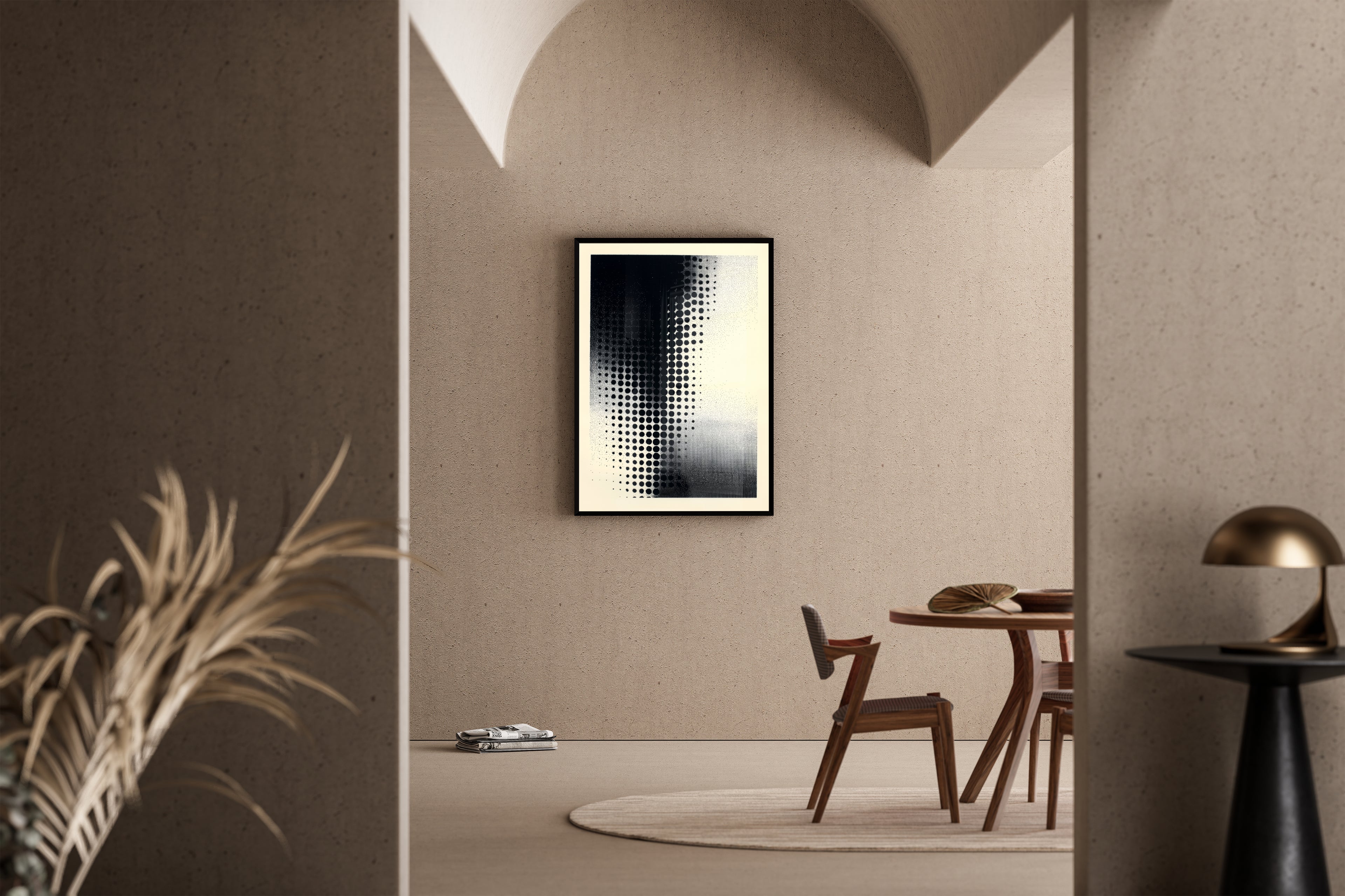 Abstraktes Halftone-Punktraster in Schwarz-Weiß – Kunstdruck im mediterranen Esszimmer