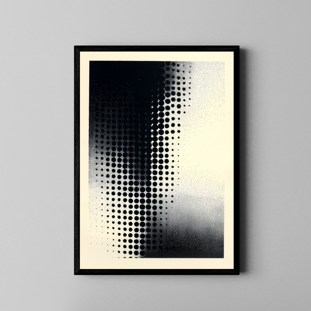 Abstraktes Halftone-Punktraster in Schwarz-Weiß – Op-Art Poster im schwarzen Rahmen