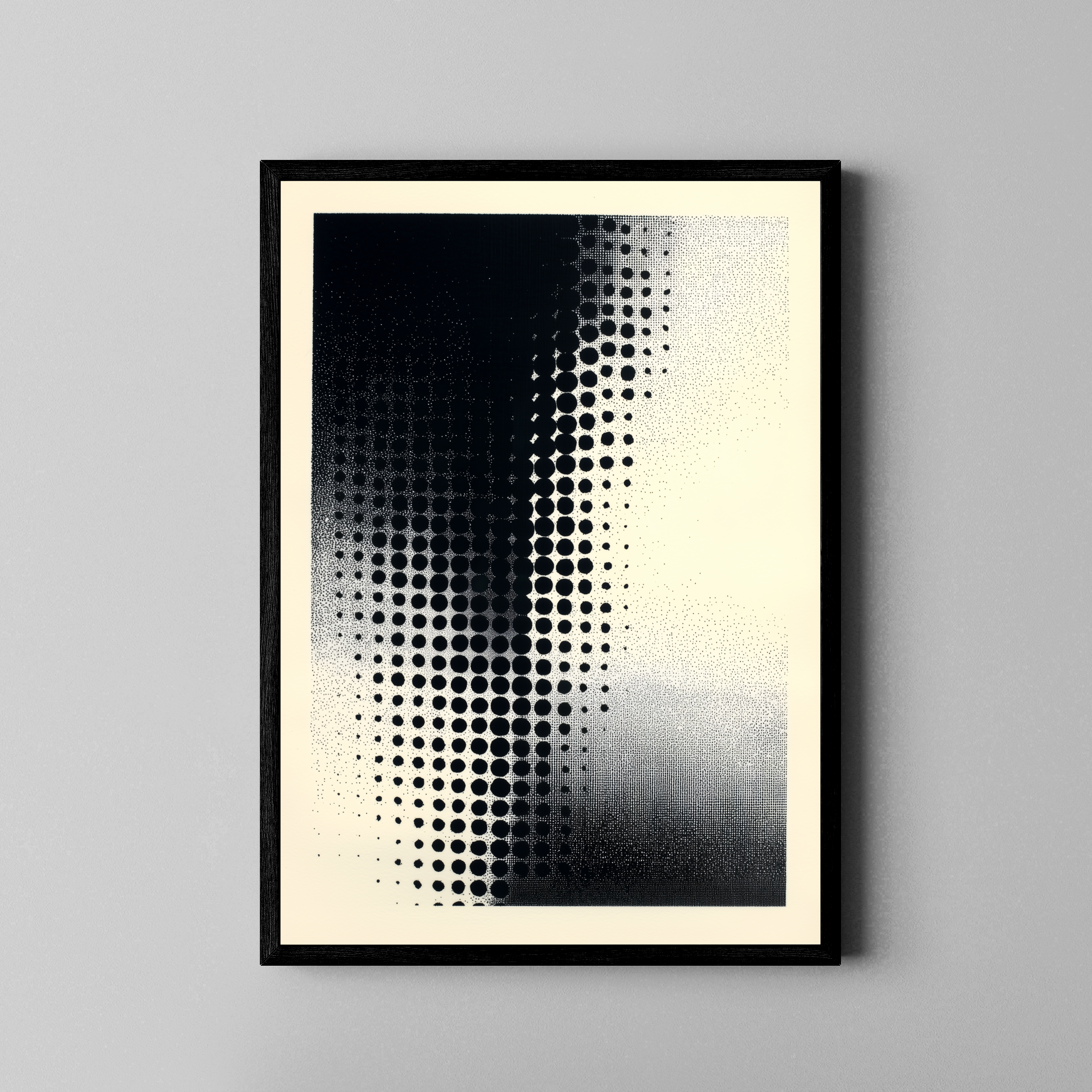 Abstraktes Halftone-Punktraster in Schwarz-Weiß – Op-Art Poster im schwarzen Rahmen