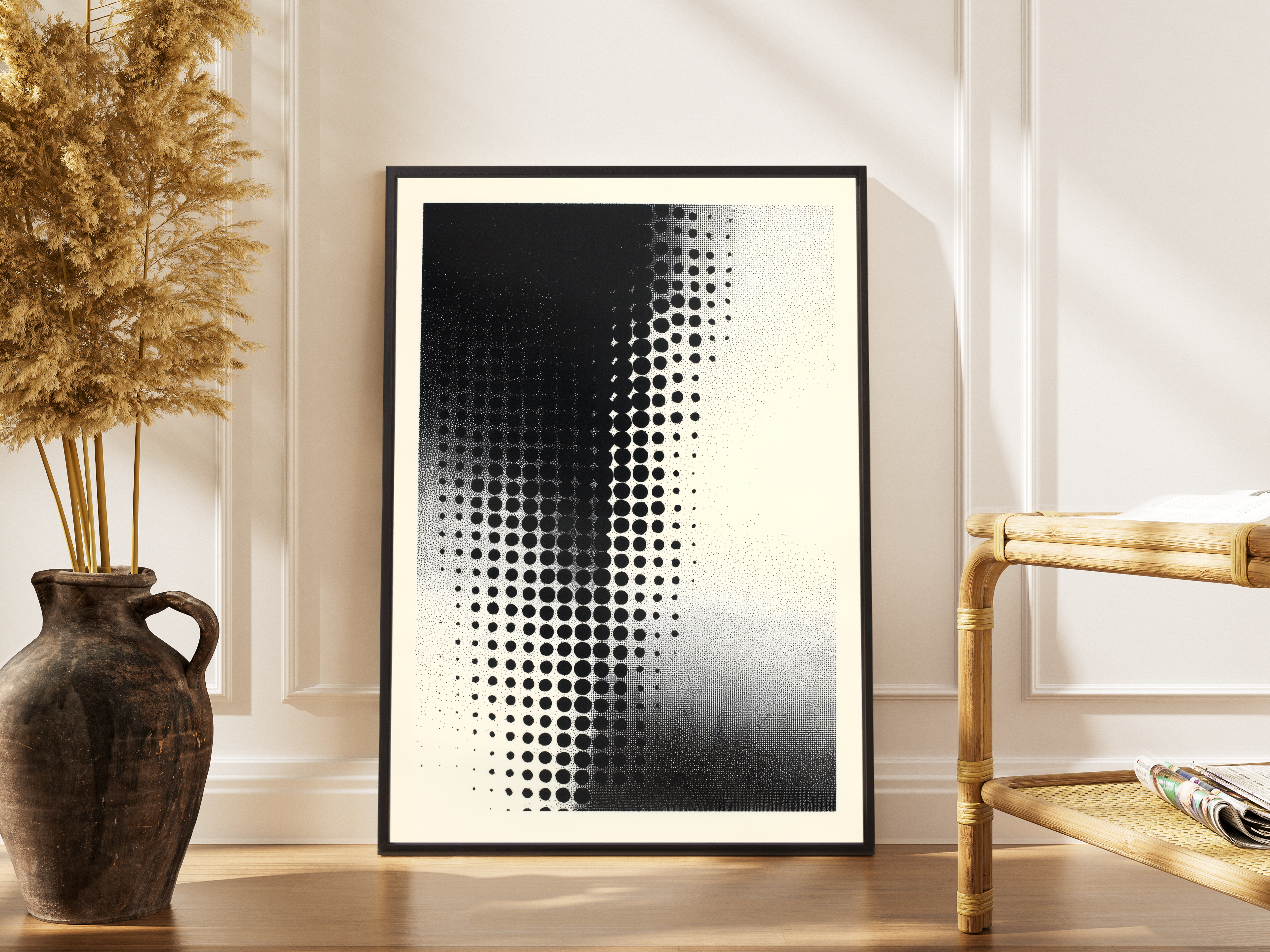 Abstraktes Halftone-Punktraster in Schwarz-Weiß – gerahmter Op-Art Kunstdruck kaufen