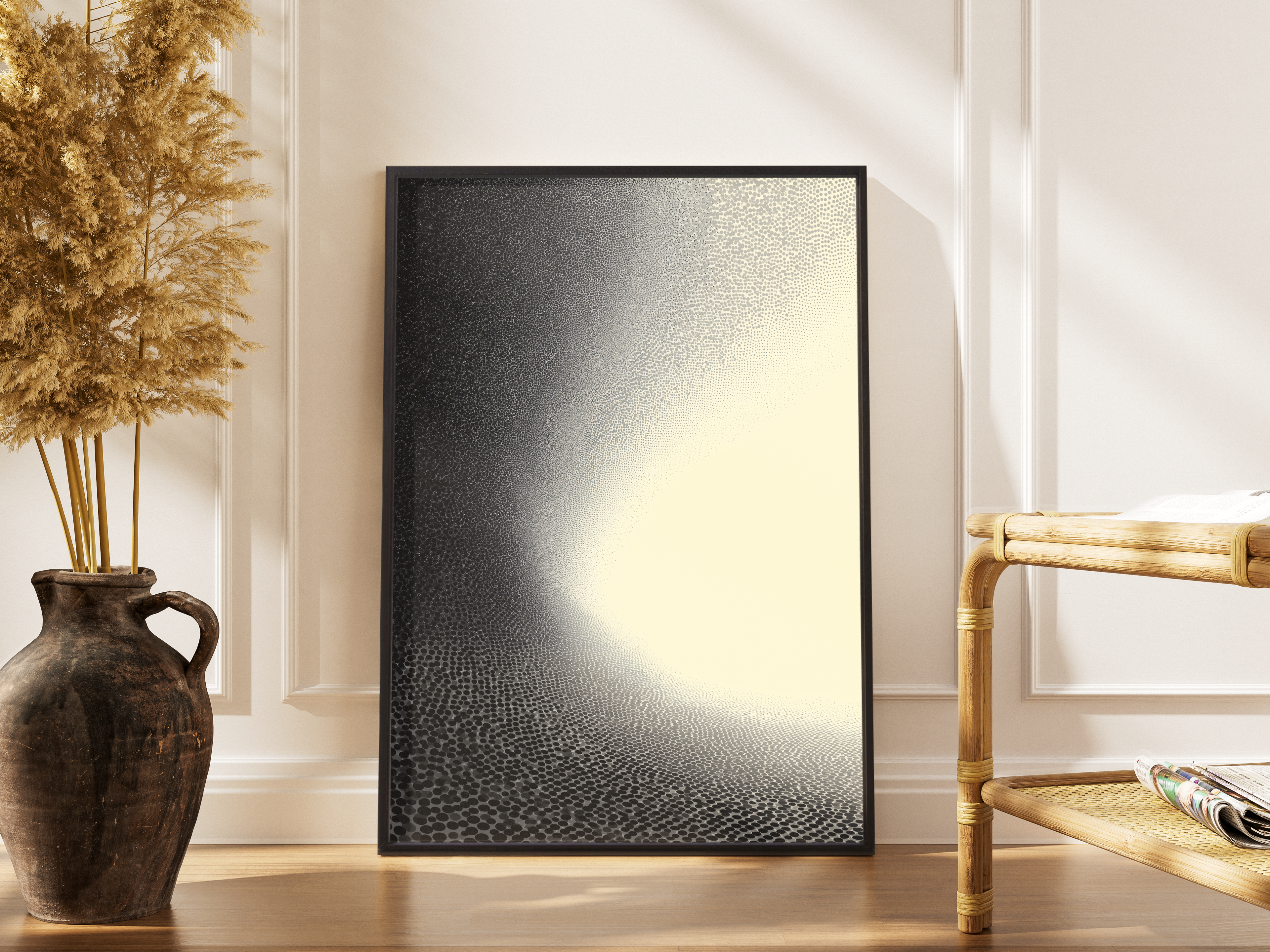 Abstraktes Stippling-Punktraster mit Lichtschimmer in Schwarz-Creme – gerahmter Fine Art Kunstdruck kaufen