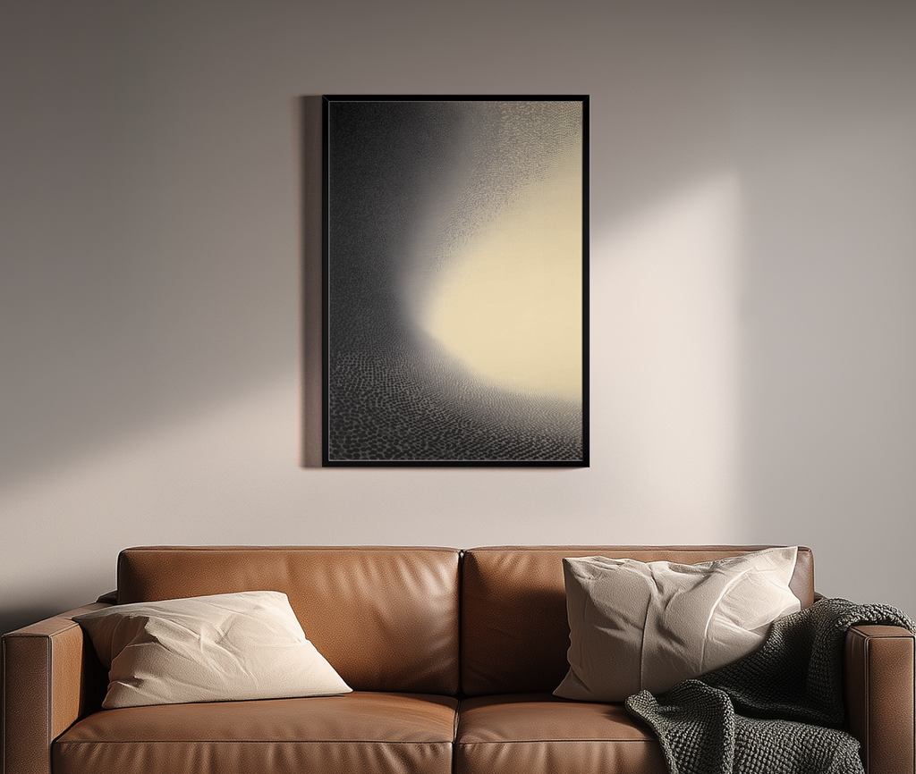Abstraktes Stippling-Punktraster mit Lichtschimmer in Schwarz-Creme – Wandbild über braunem Ledersofa