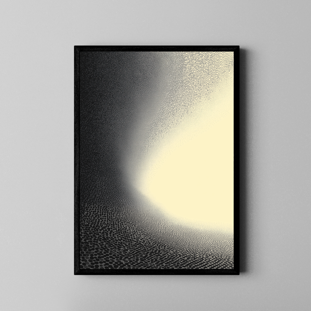 Abstraktes Stippling-Punktraster mit Lichtschimmer in Schwarz-Creme – Fine Art Poster im schwarzen Rahmen