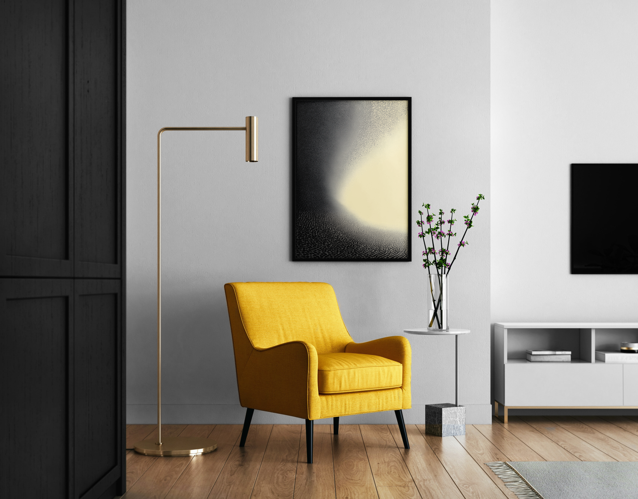 Abstraktes Stippling-Punktraster mit Lichtschimmer in Schwarz-Creme – minimalistischer Poster im modernen Wohnzimmer