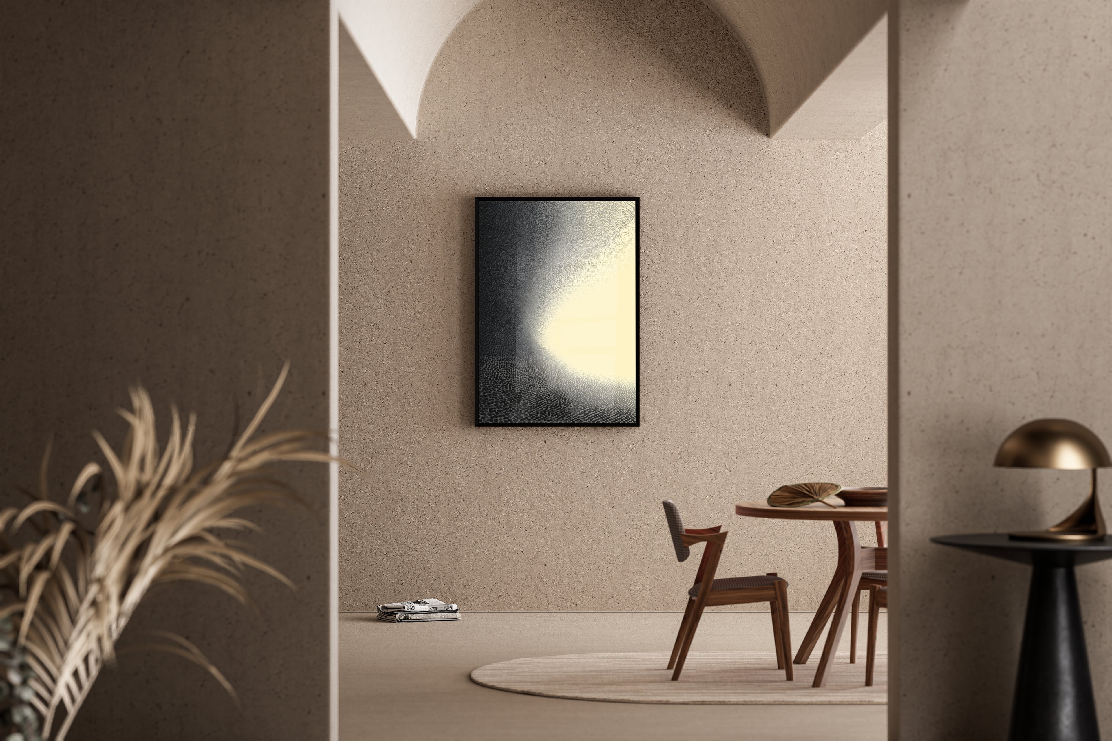 Abstraktes Stippling-Punktraster mit Lichtschimmer in Schwarz-Creme – Kunstdruck im mediterranen Esszimmer