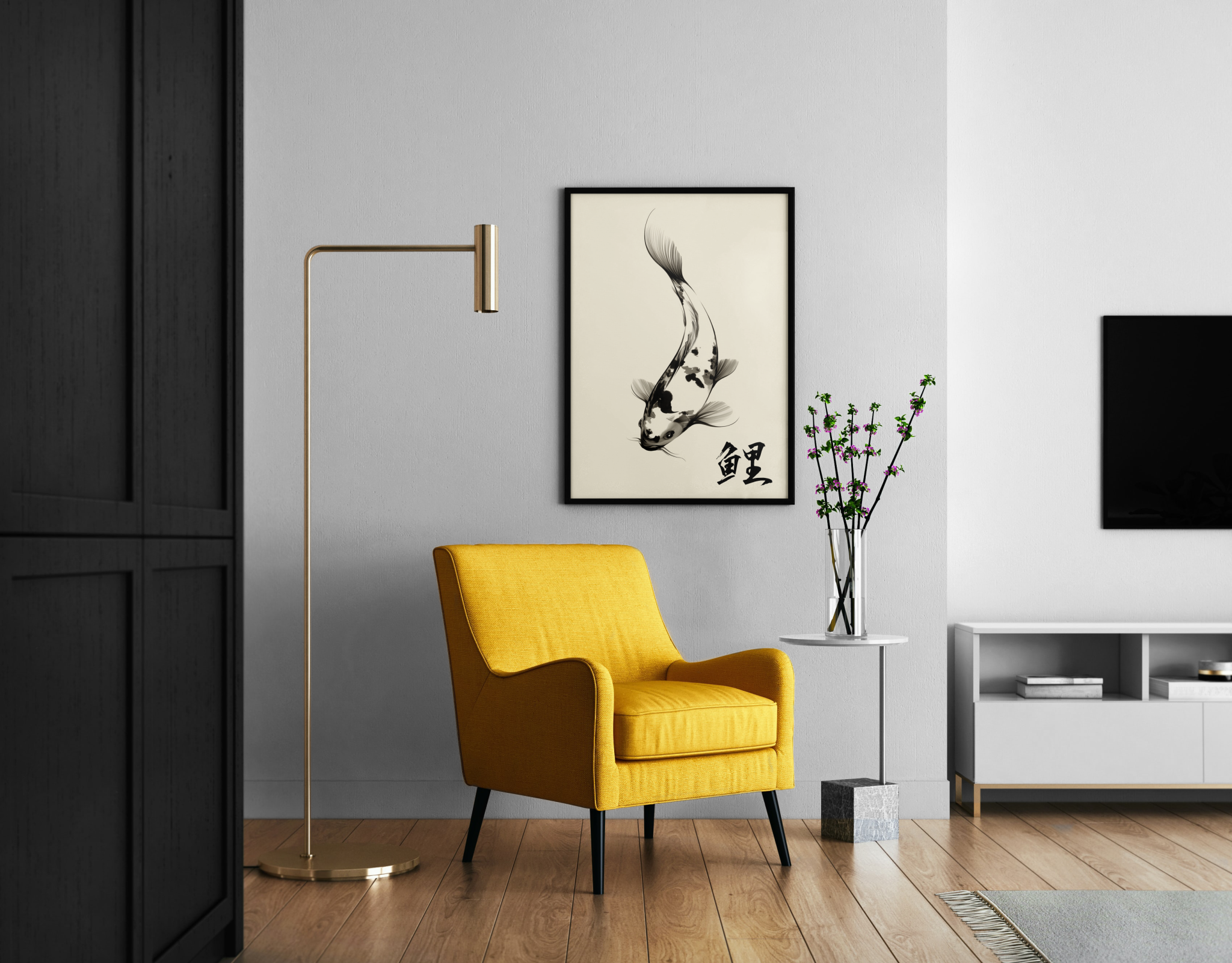 Koi – Koi-Karpfen Zen-Tuschemalerei asiatische Wanddekoration | Japanische Malerei-Optik – Wandbild im modernen Wohnzimmer