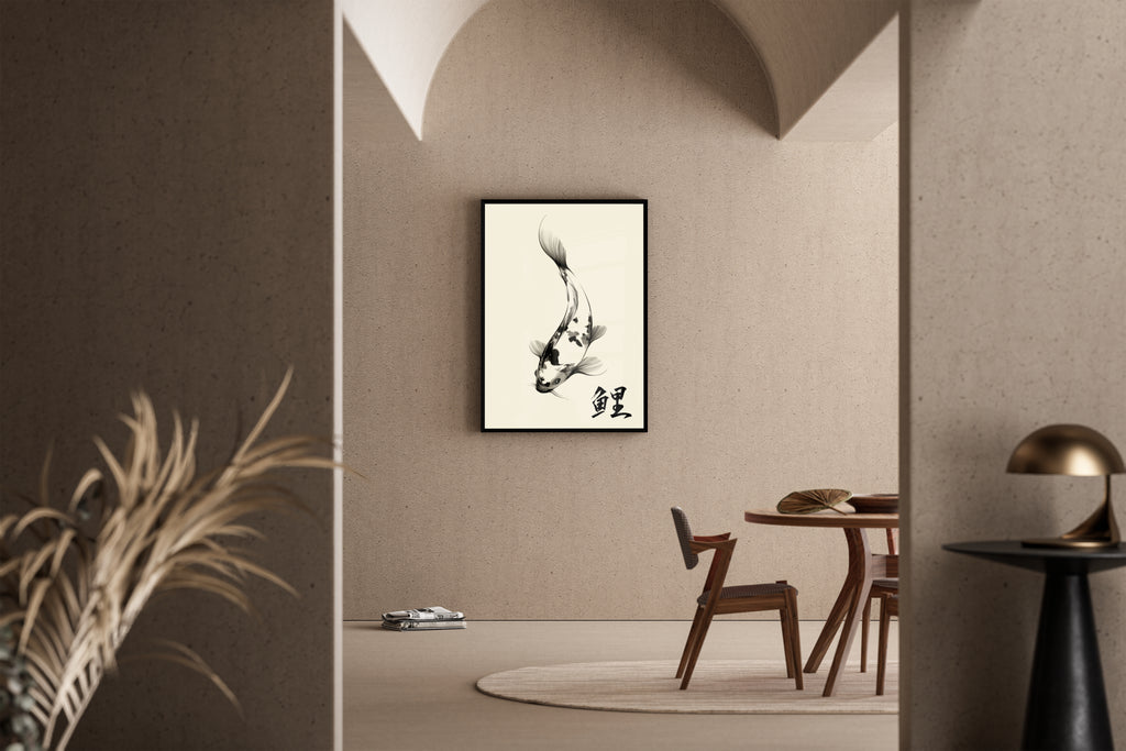 Koi – eleganter Nishikigoi Pinselzeichnung cremefarbener Grund | Sumi-e-Kunstdruck – Poster im Esszimmer