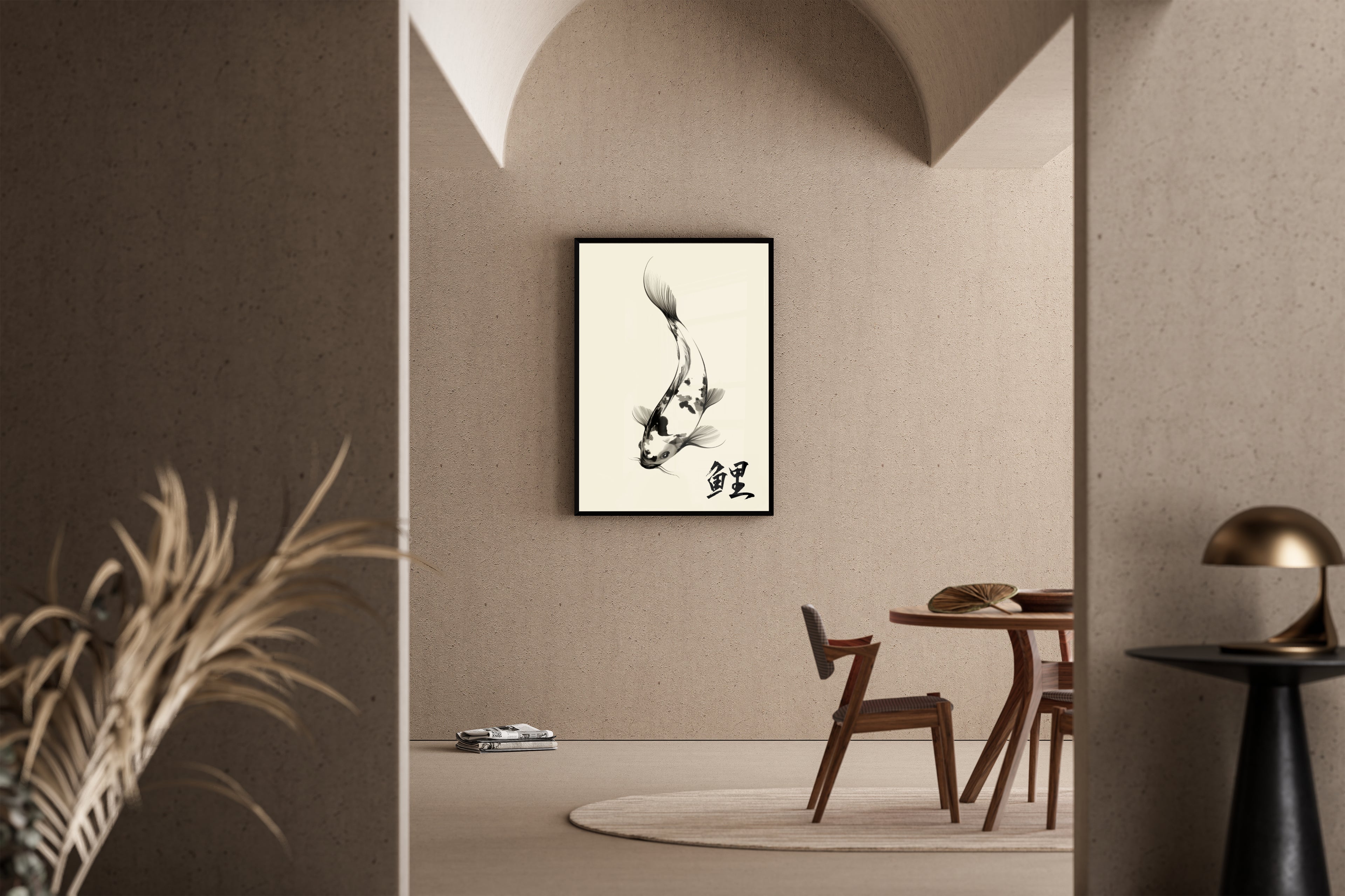 Koi – eleganter Nishikigoi Pinselzeichnung cremefarbener Grund | Sumi-e-Kunstdruck – Poster im Esszimmer