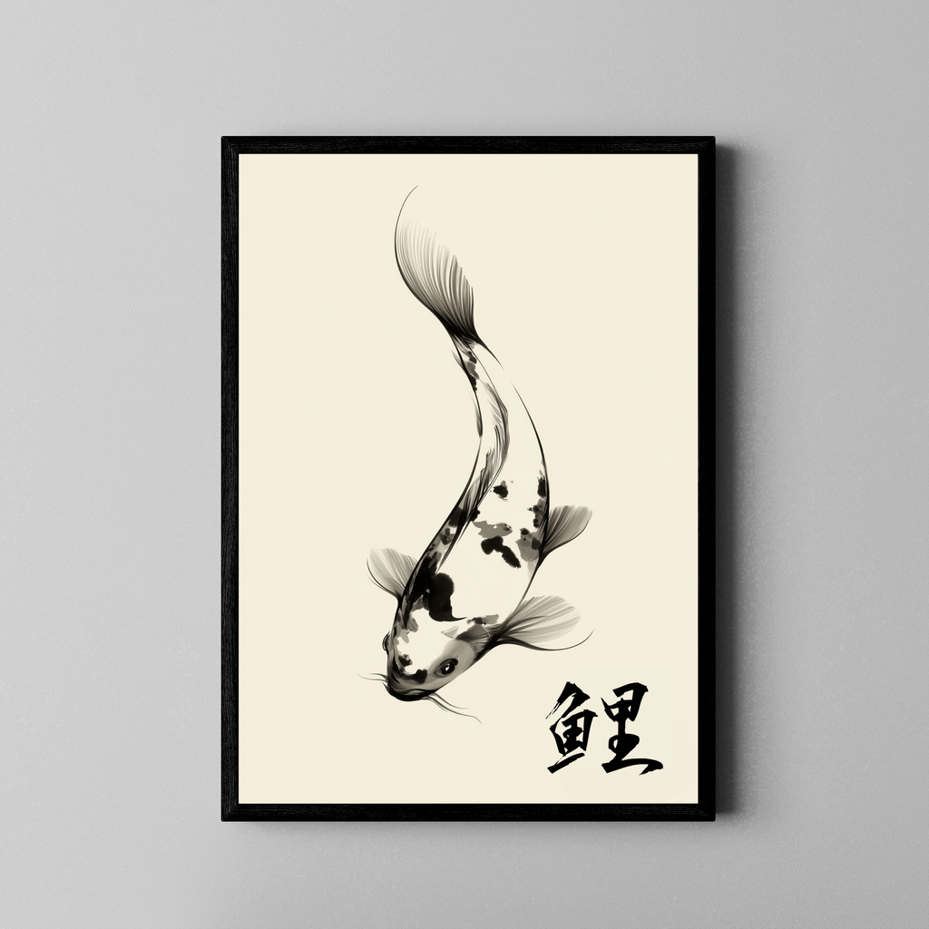Koi – japanischer Koi schwimmt aufwärts Tusche | Sumi-e-Stil Fine Art Poster – Poster im schwarzen Rahmen