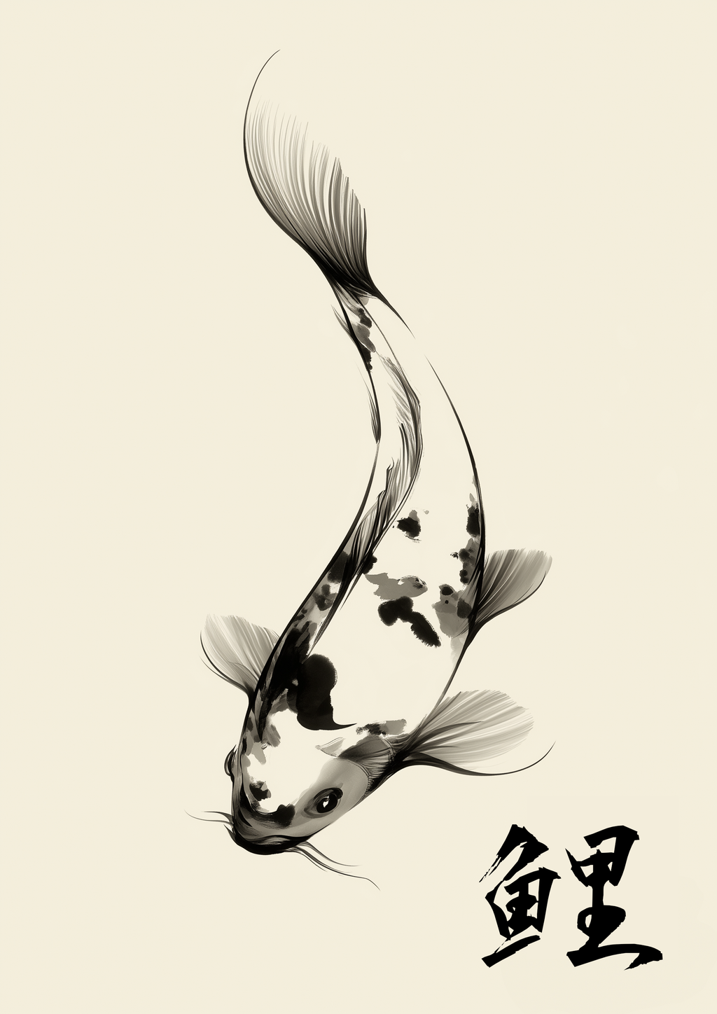 Koi – Koi-Karpfen mit Kanji-Schriftzeichen auf Cremeton | Sumi-e-Optik – eleganter Kunstdruck