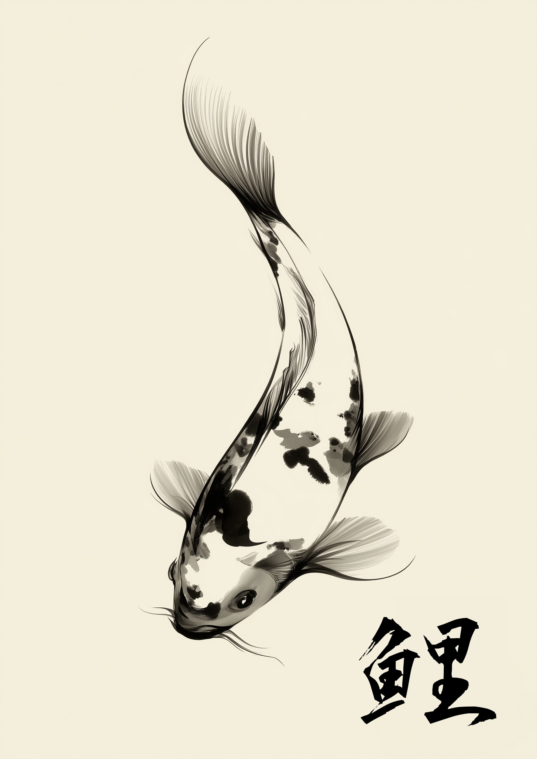 Koi – Koi-Karpfen mit Kanji-Schriftzeichen auf Cremeton | Sumi-e-Optik – eleganter Kunstdruck