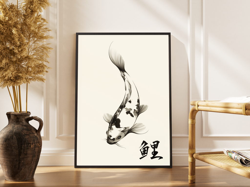 Koi – japanischer Koi-Fisch Tusche Feng-Shui Wandbild | Sumi-e-Illustration – gerahmtes Poster kaufen