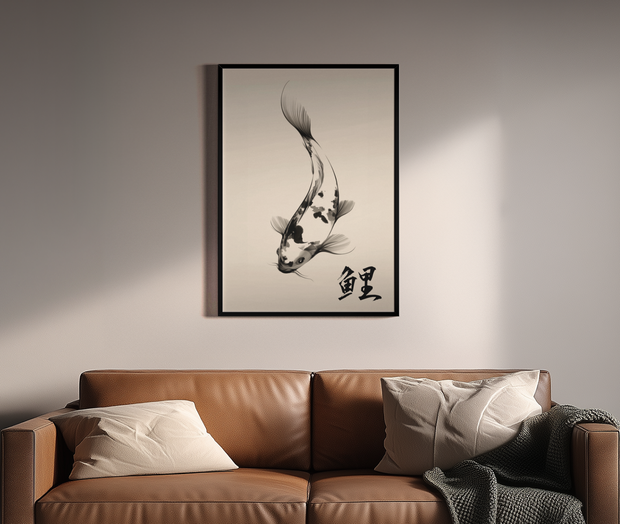 Koi – Koi-Fisch Tuschezeichnung schwarz-weiß japanisch | Tuschmalerei-Kunstdruck – Wandbild über braunem Ledersofa