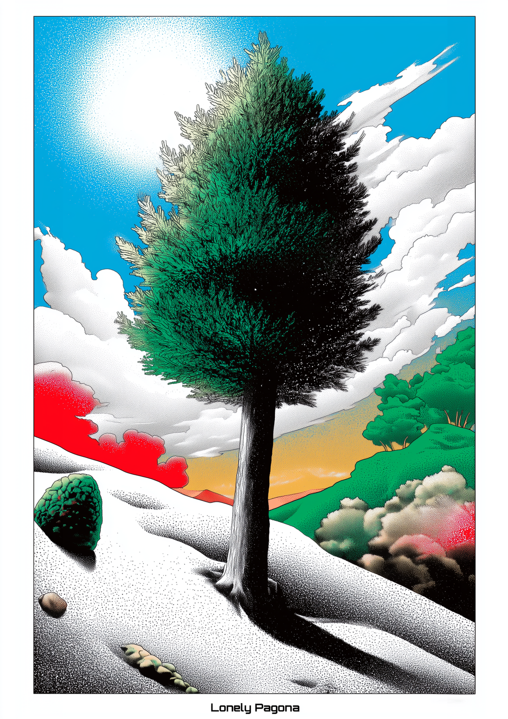 Lonely Pagona – einsamer Baum in surrealer Pop-Art Landschaft mit Punktraster – Fine Art Kunstdruck