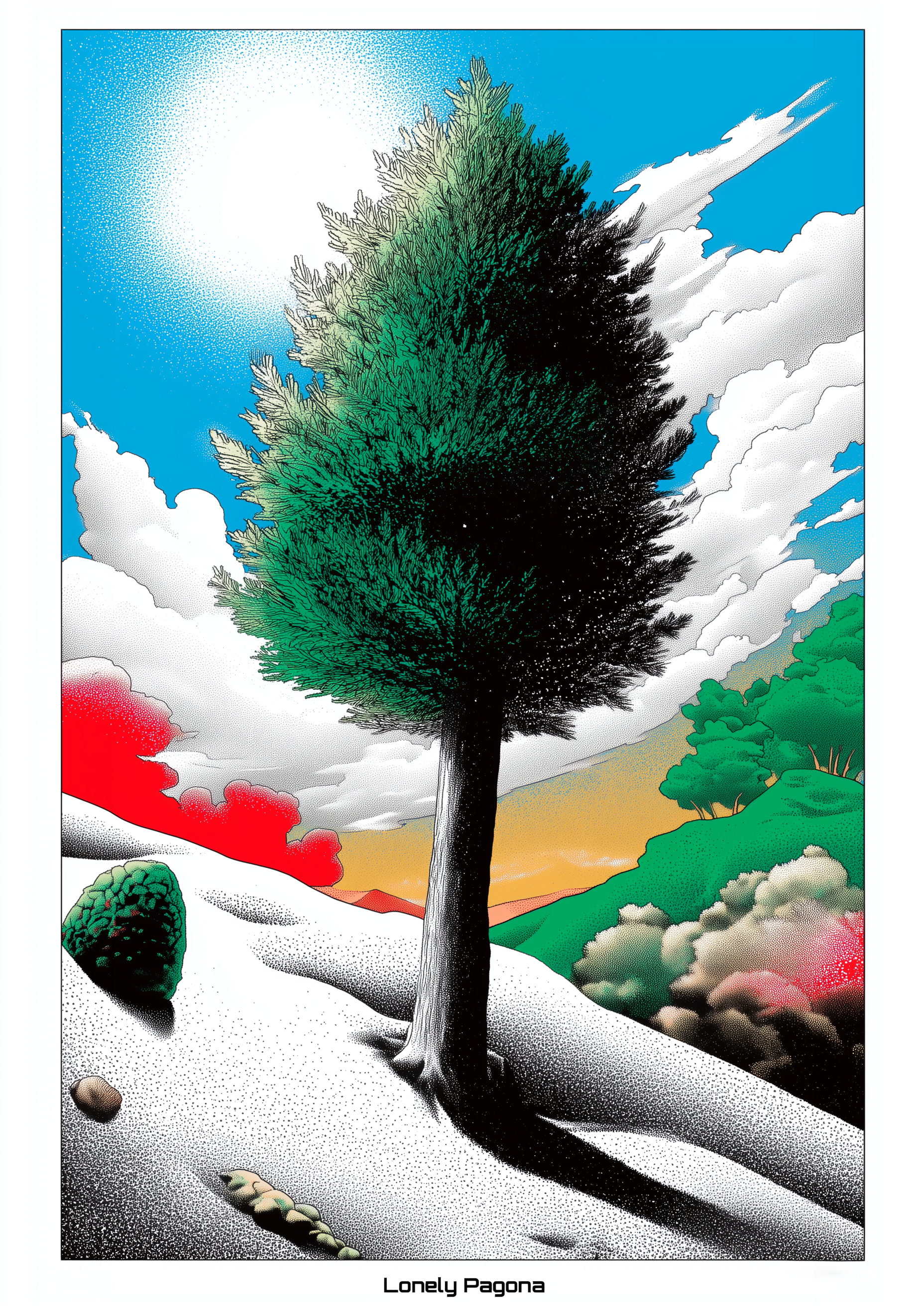 Lonely Pagona – einsamer Baum in surrealer Pop-Art Landschaft mit Punktraster – Fine Art Kunstdruck