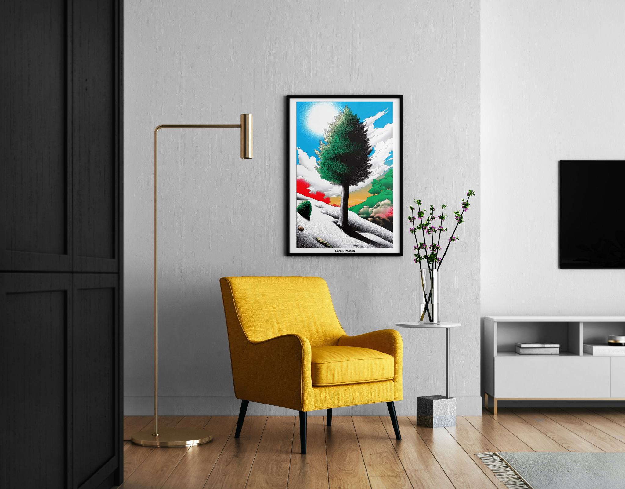 Lonely Pagona – einsamer Baum in surrealer Pop-Art Landschaft mit Punktraster – Pop-Art Poster im modernen Wohnzimmer