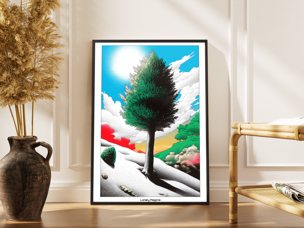 Lonely Pagona – einsamer Baum in surrealer Pop-Art Landschaft mit Punktraster – gerahmter Fine Art Kunstdruck kaufen