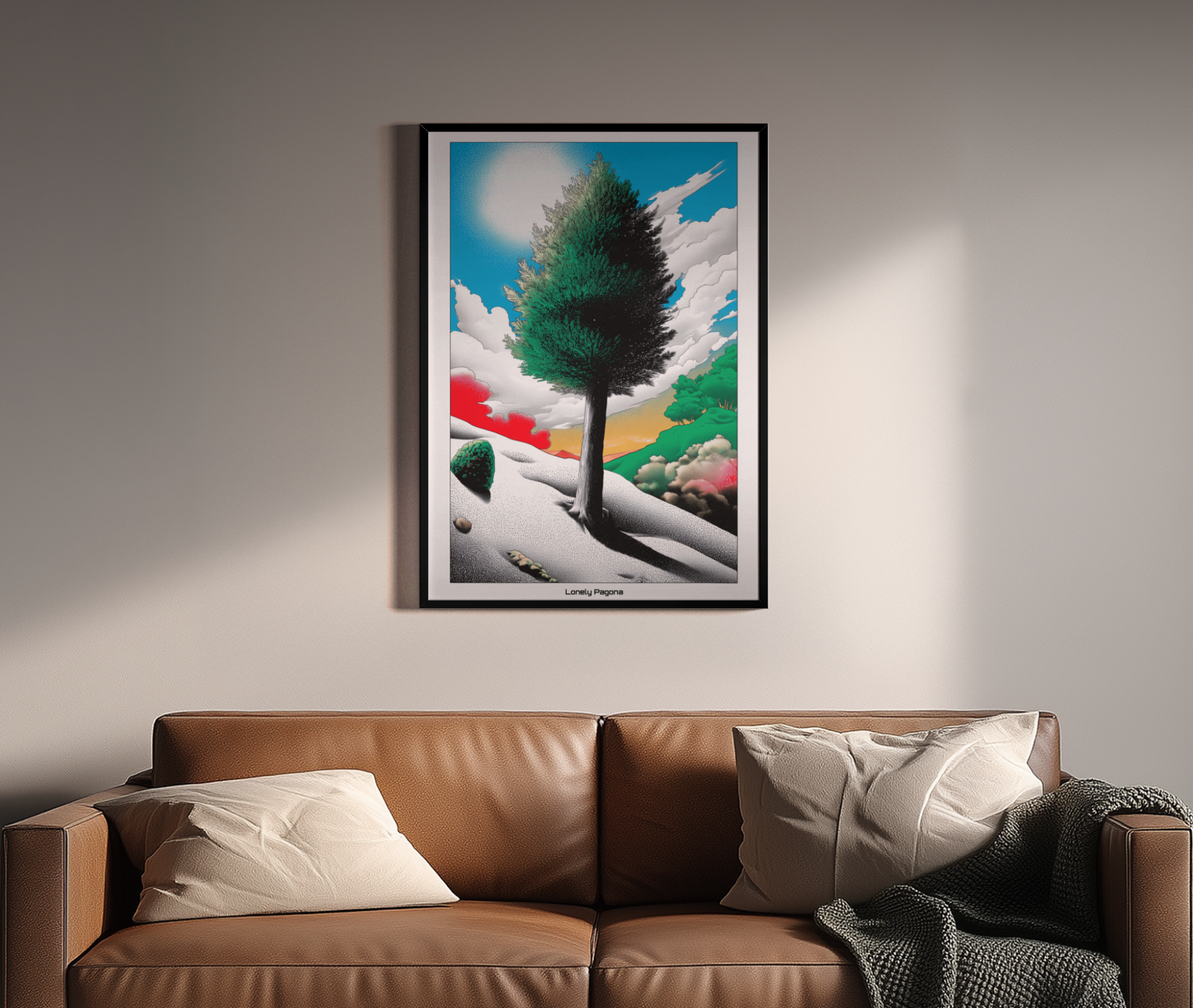 Lonely Pagona – einsamer Baum in surrealer Pop-Art Landschaft mit Punktraster – Wandbild über braunem Ledersofa