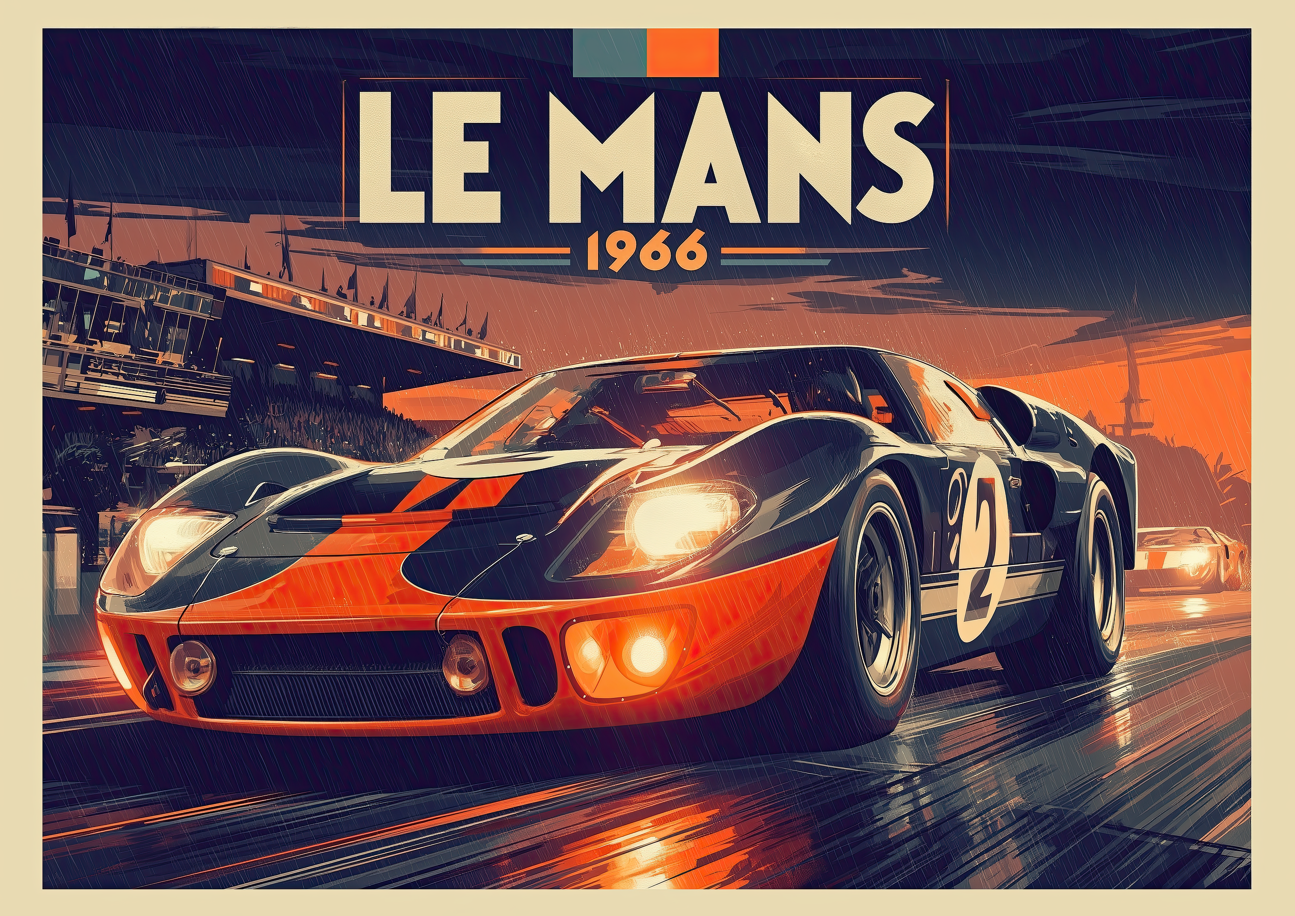 Le Mans 1966 – Ford GT40 blau-orange Regen-Start | Retro-Rennplakat-Optik – eleganter Kunstdruck