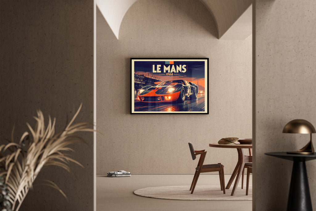 Le Mans 1966 – Ford GT40 blau-orange Lackierung Zielgerade | Retro-Vektorgrafik-Stil – Poster im Wohnbereich